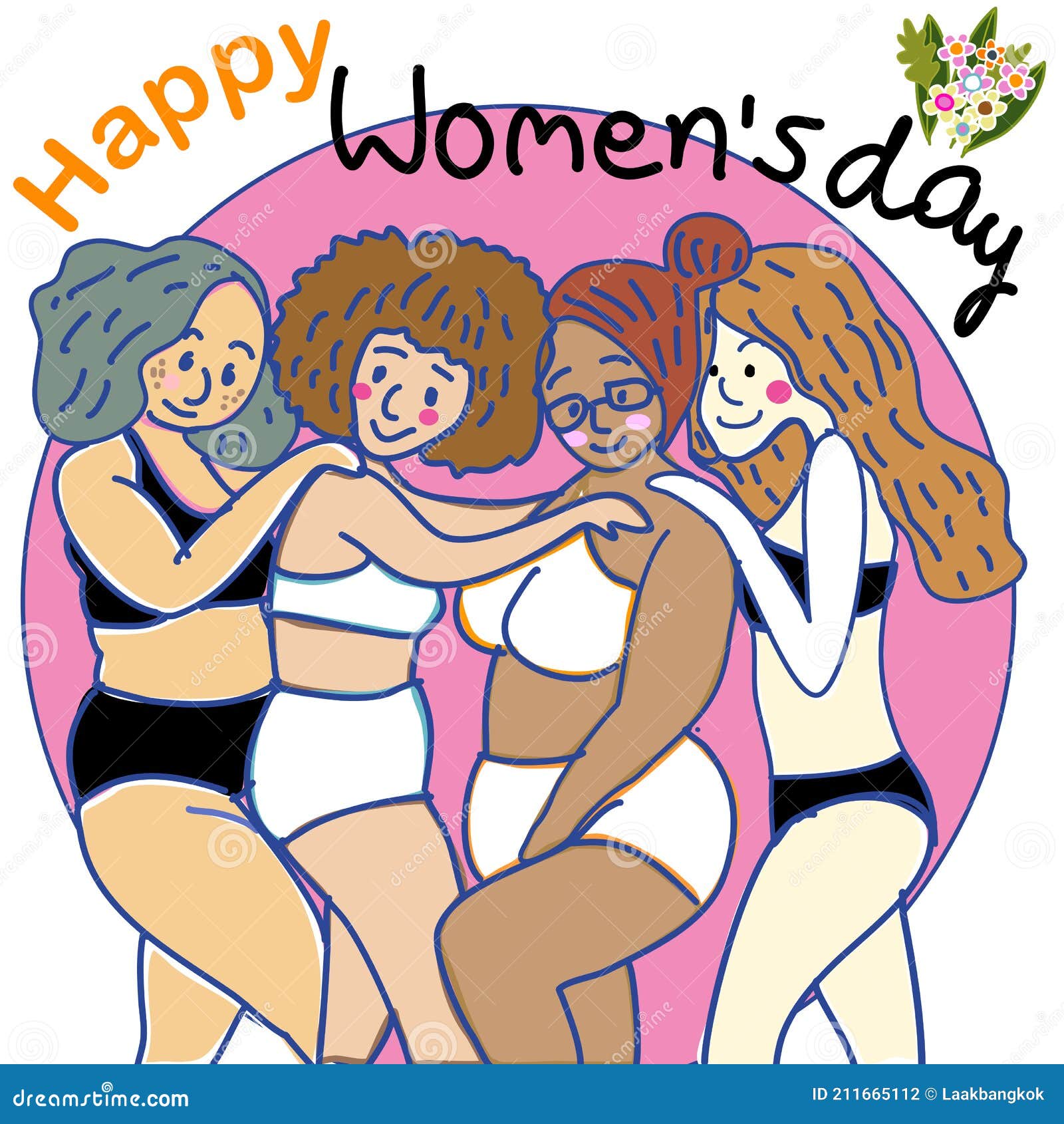 Cartel Del Día Internacional De La Mujer Feliz Con Dibujo De 4 Mujeres En  Ropa De Baño Bikini Posando En Tira Cómica Dibujada a Ma Ilustración del  Vector - Ilustración de modelo,