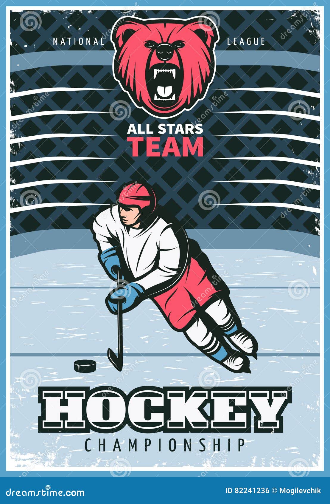 Cartel del vintage de la liga de hockey. Todo el cartel de la publicidad del viejo estilo del campeonato del equipo de hockey de las estrellas con imagen de carácter del jugador en el ejemplo del vector de la pista de hielo