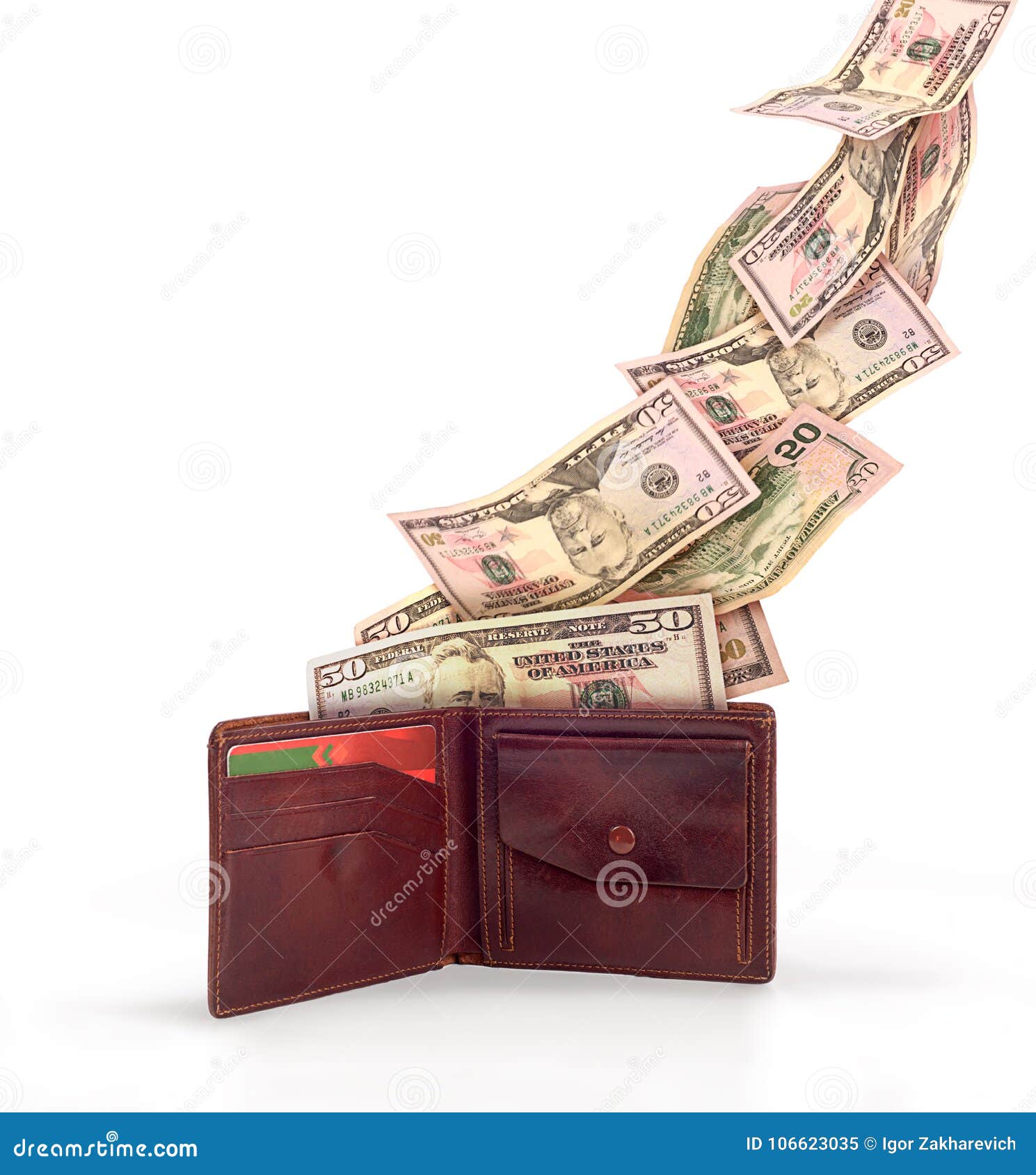 Cartera Del Cuero De La Forma De Billetes De Dolar Del Dinero Que Cae Aislada En El Fondo Blanco Imagen de archivo Imagen de americano pagar 106623035
