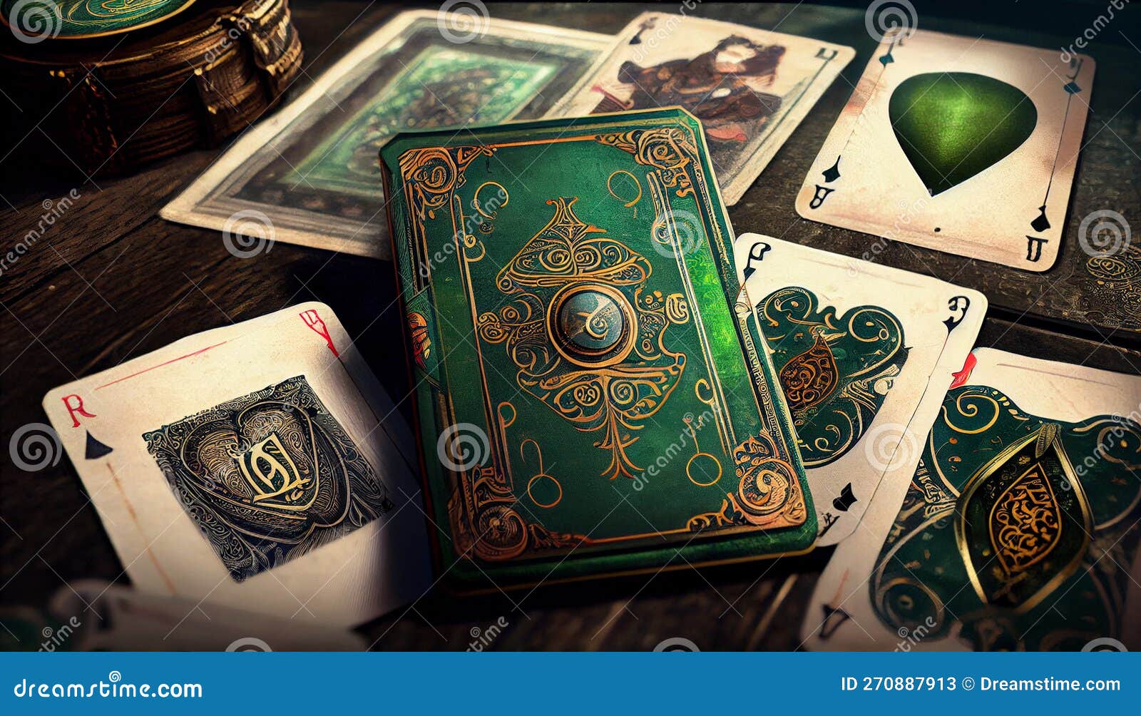 Cartes Tarot Vert Avec Différents Objets Mystiques Sur Bois Blanc. Concept  Spirituel Illustration Stock - Illustration du païen, vert: 270887913