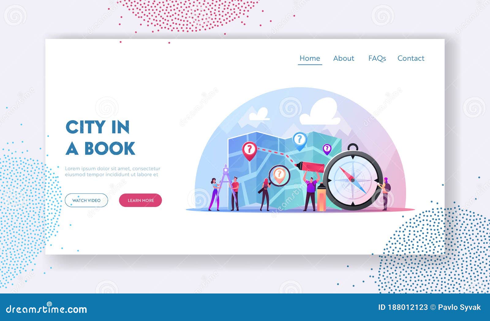 cartography landing page template. tiny characters with huge compass, divider and pen planning route on map