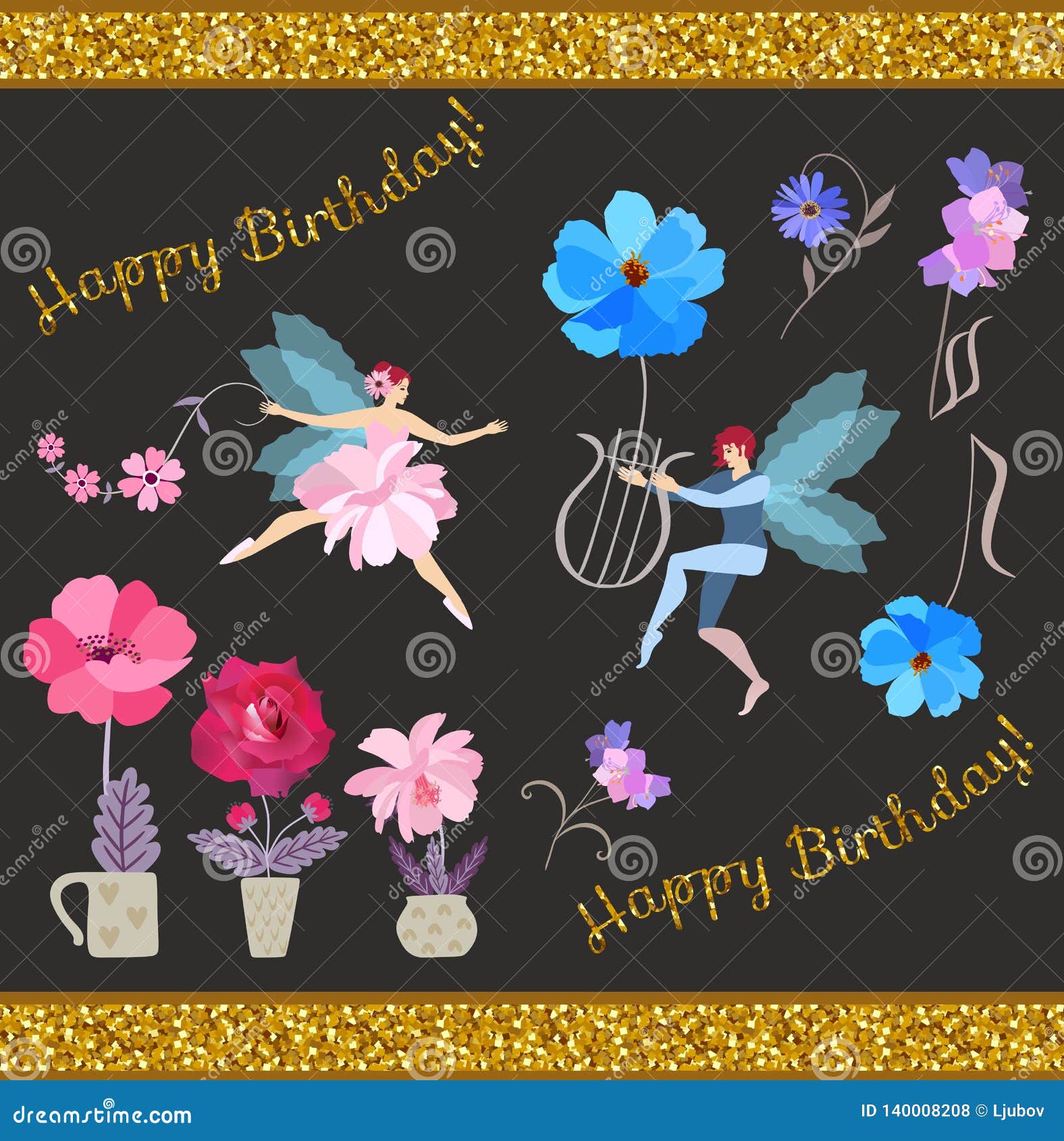 Cartolina D Auguri Di Buon Compleanno Con Il Fatato Ed Elfo Alato Fiori In Vasi Da Fiori Lira Note Musicali Stilizzate E Nastr Illustrazione Vettoriale Illustrazione Di Musicale Background