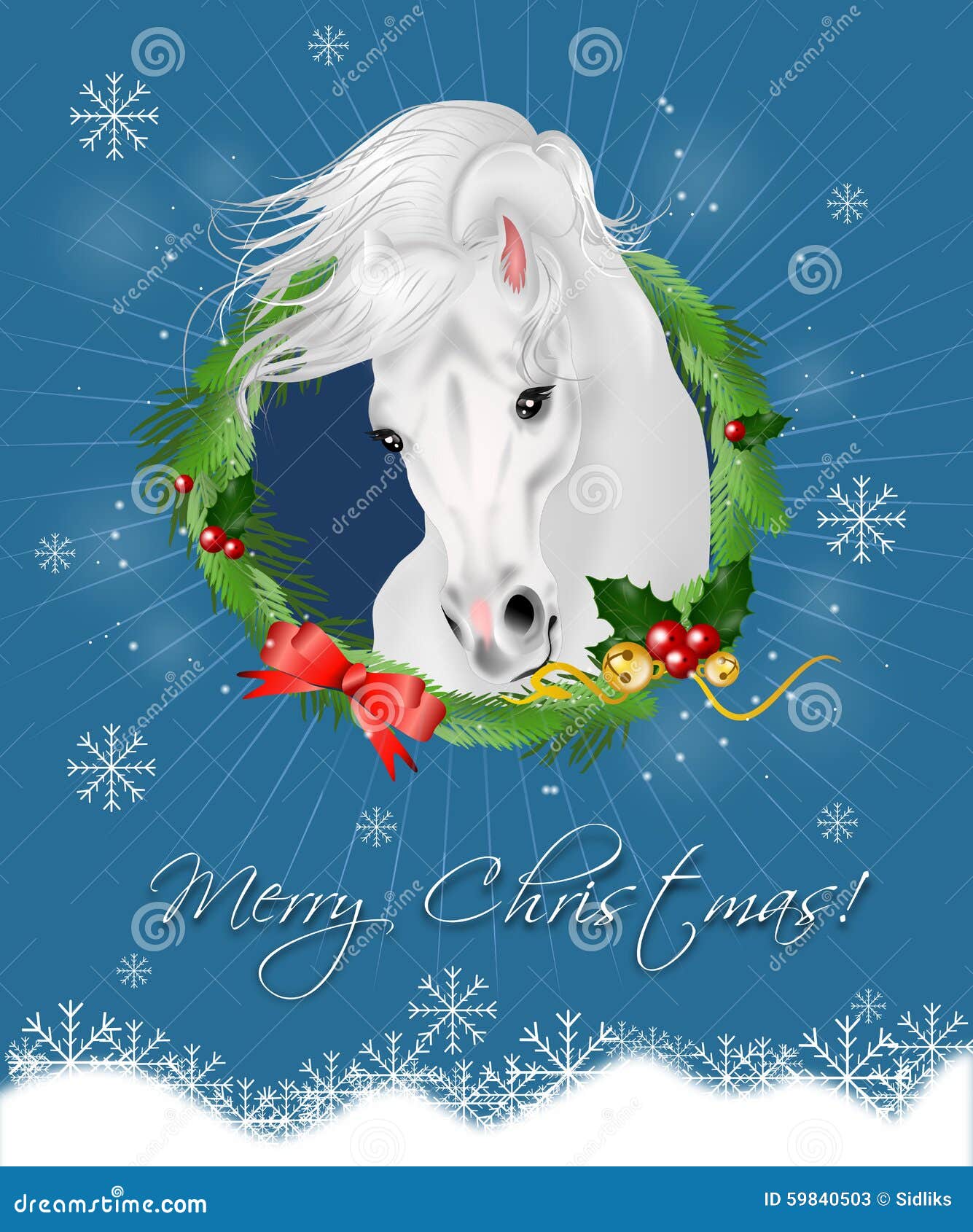 Buon Natale Horse.Cartolina D Auguri Di Buon Natale Con Il Cavallo Bianco Illustrazione Di Stock Illustrazione Di Bello Cheerful 59840503