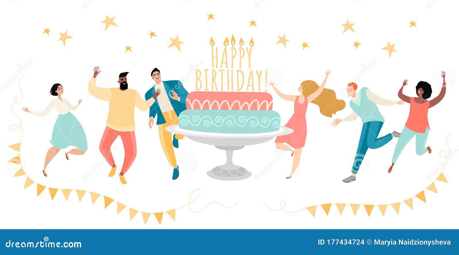 Cartolina Di Auguri O Copertina Di Compleanno Con Giovani Felici Ghirlande  E Torta Con Candele Su Sfondo Bianco Illustrazione Vettoriale -  Illustrazione di torta, azienda: 177434724