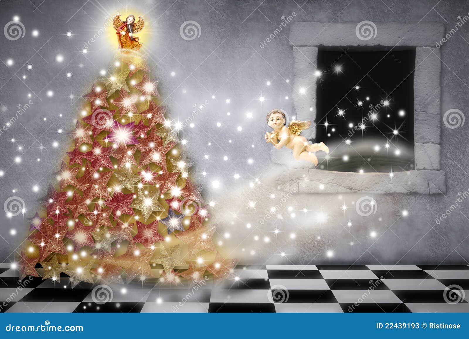 Foto Angeli Di Natale.Cartolina Di Natale Angeli Che Decorano L Albero Immagine Stock Immagine Di Felice Domestico 22439193