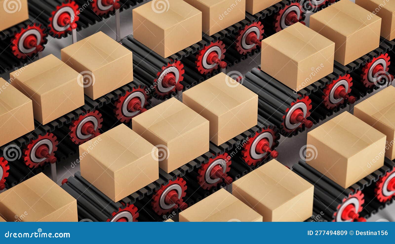 Carton Boxes Being Transported on Conveyor Belts. 3D Illustration Stock