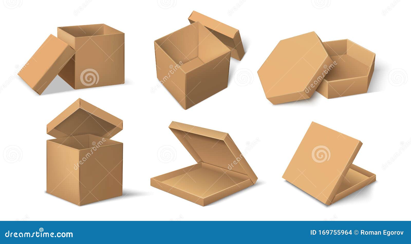 carton package. realistic cardboard product package mockup for food and delivery, cube and round brown pack template