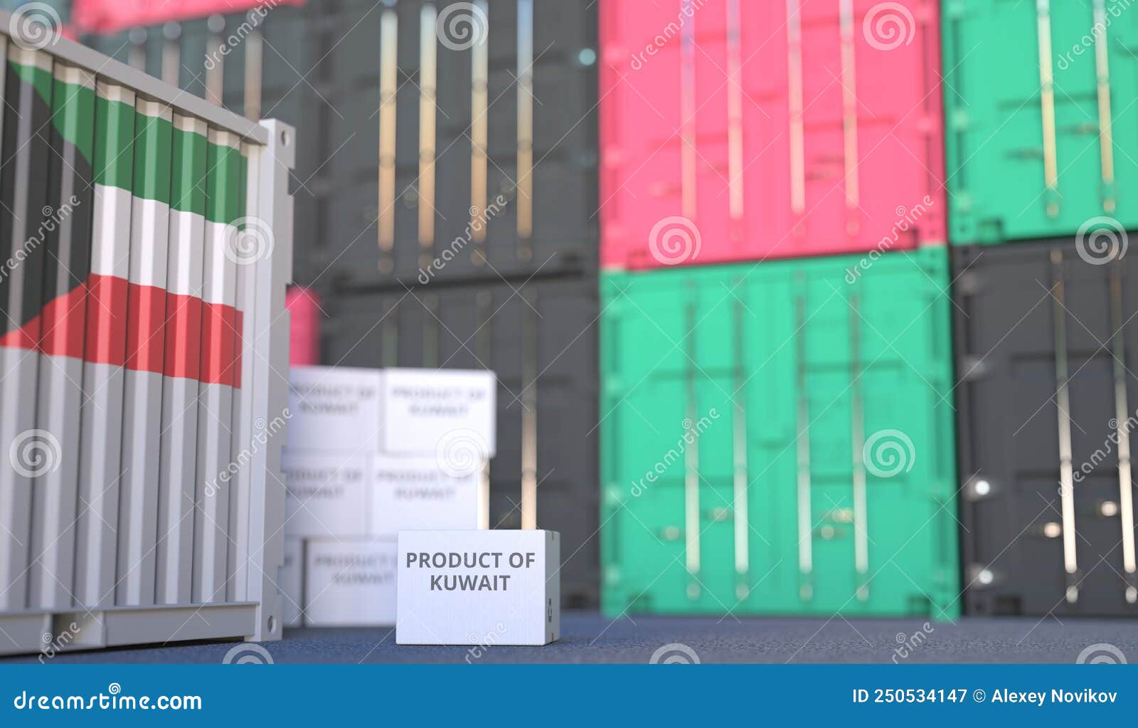 Carton with PRODUCT of KUWAIT Text and Many Containers, 3D Rendering