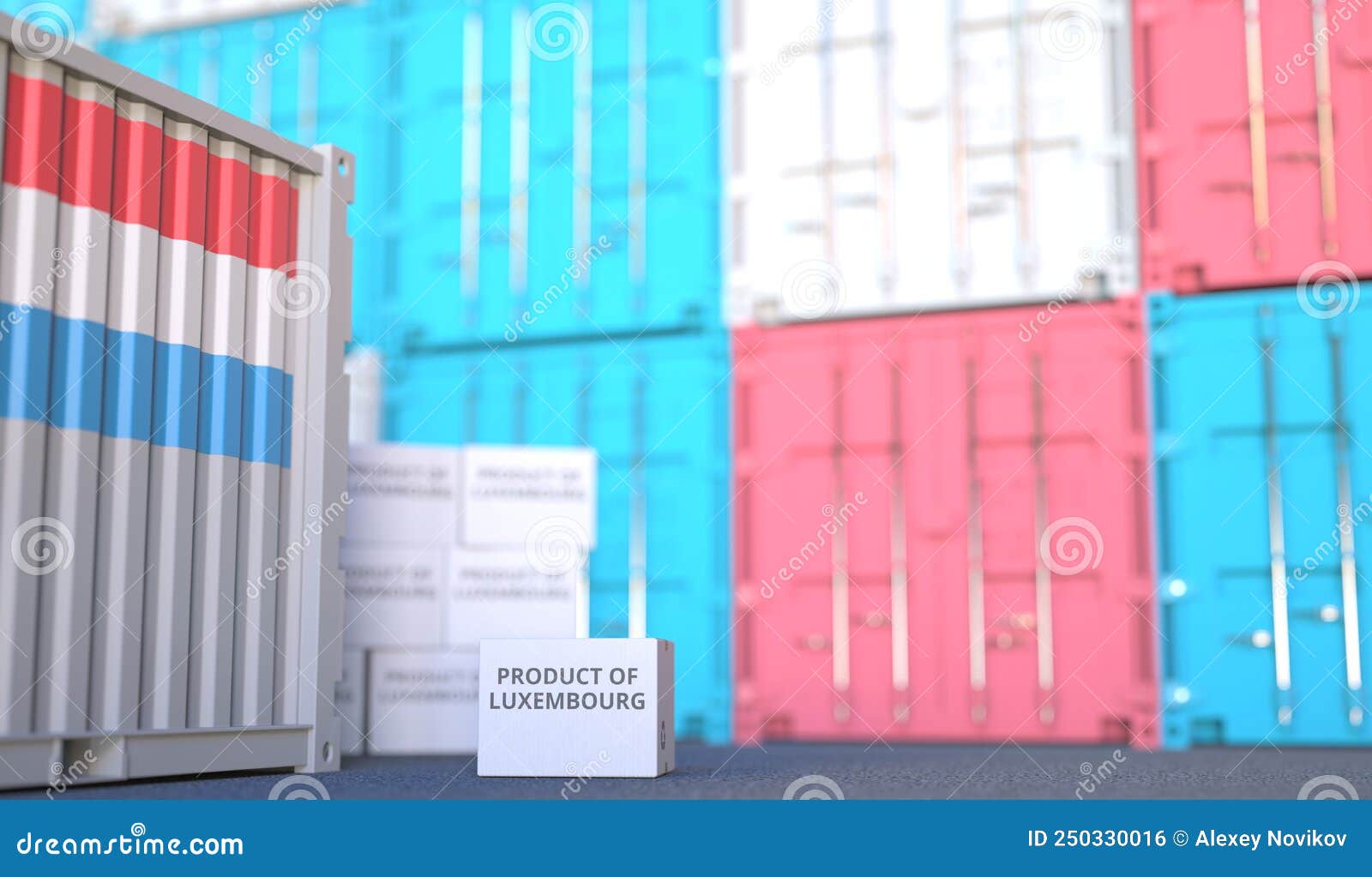 Box with PRODUCT of LUXEMBOURG Text and Cargo Containers. 3D Rendering