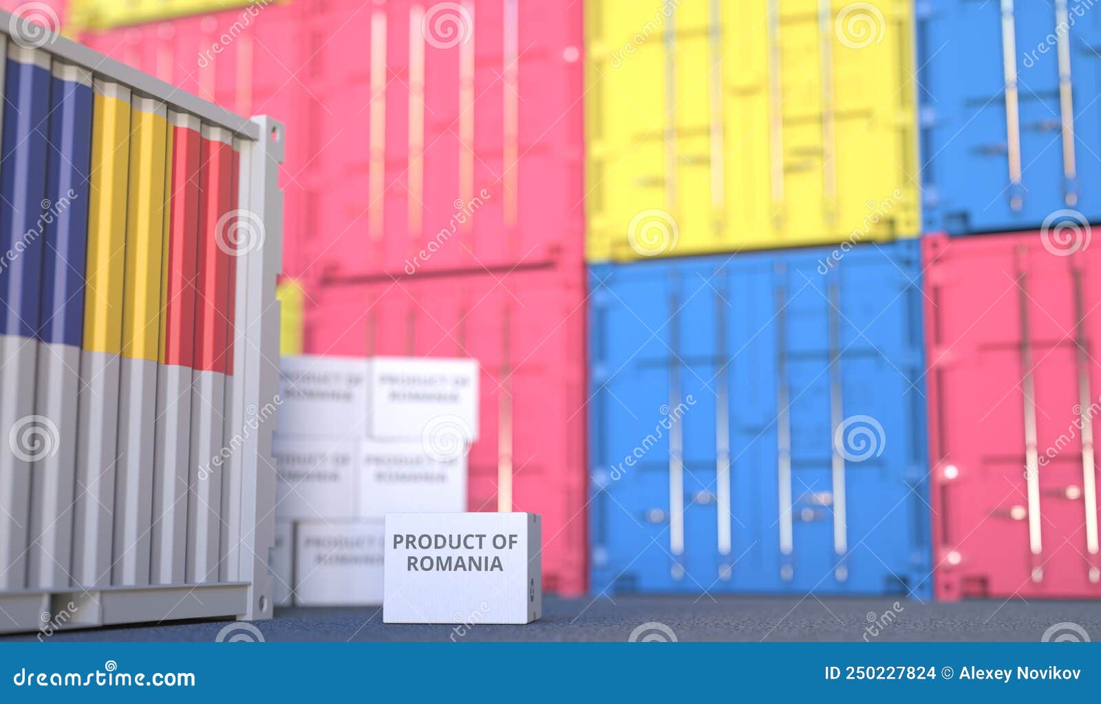 Box with PRODUCT of ROMANIA Text and Cargo Containers. 3D Rendering Stock Illustration