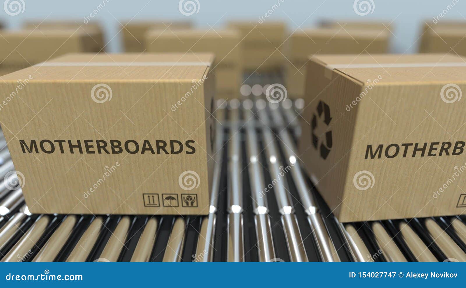 cartons with computer motherboards on roller conveyors. 3d rendering