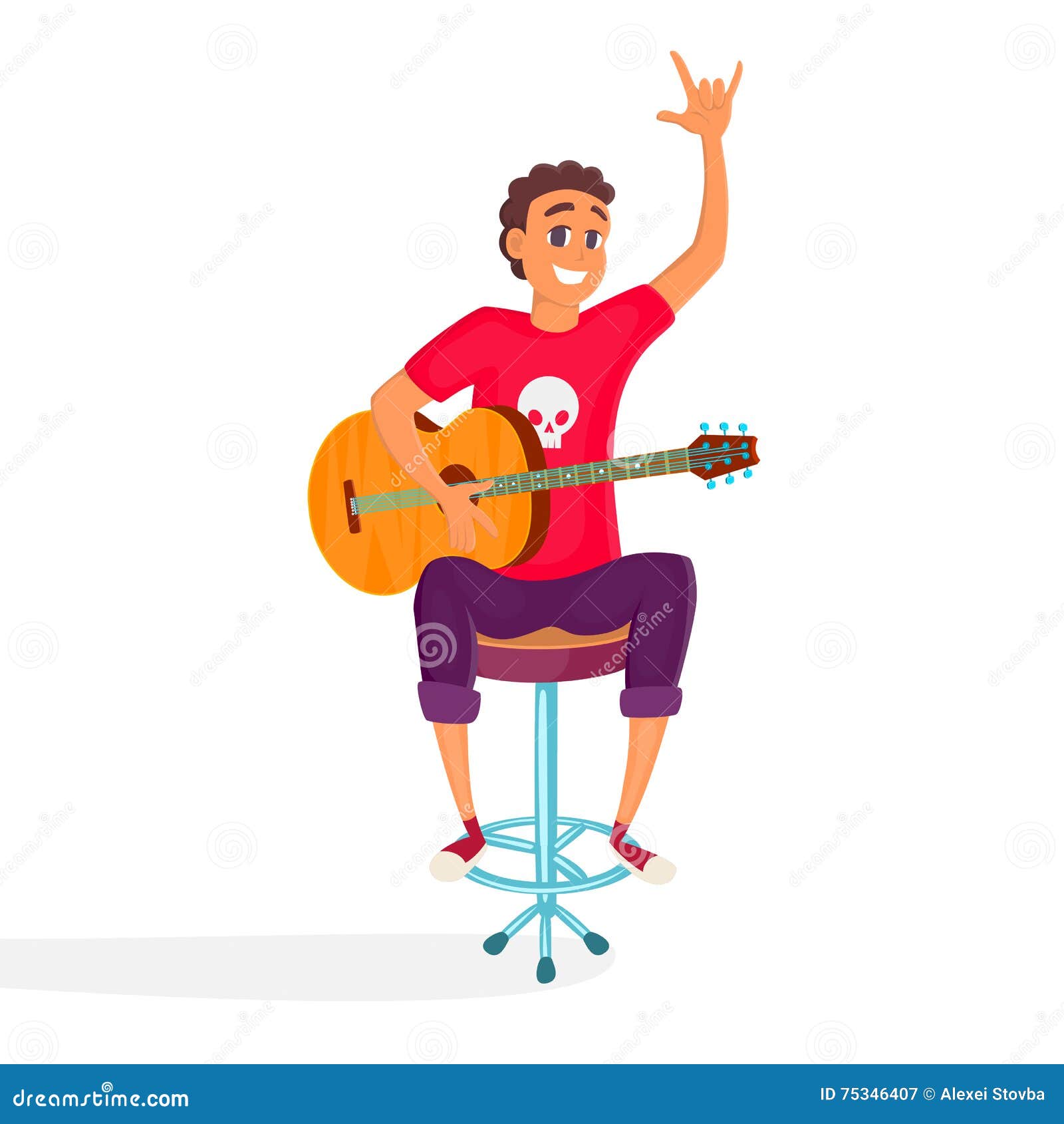 Cartoon Acoustic Guitar Player. Teenage Guitarist Shows Rock and Roll Sign.  Vector Illustration of Happy Young Person Stock Vector - Illustration of  vector, acoustic: 75346407