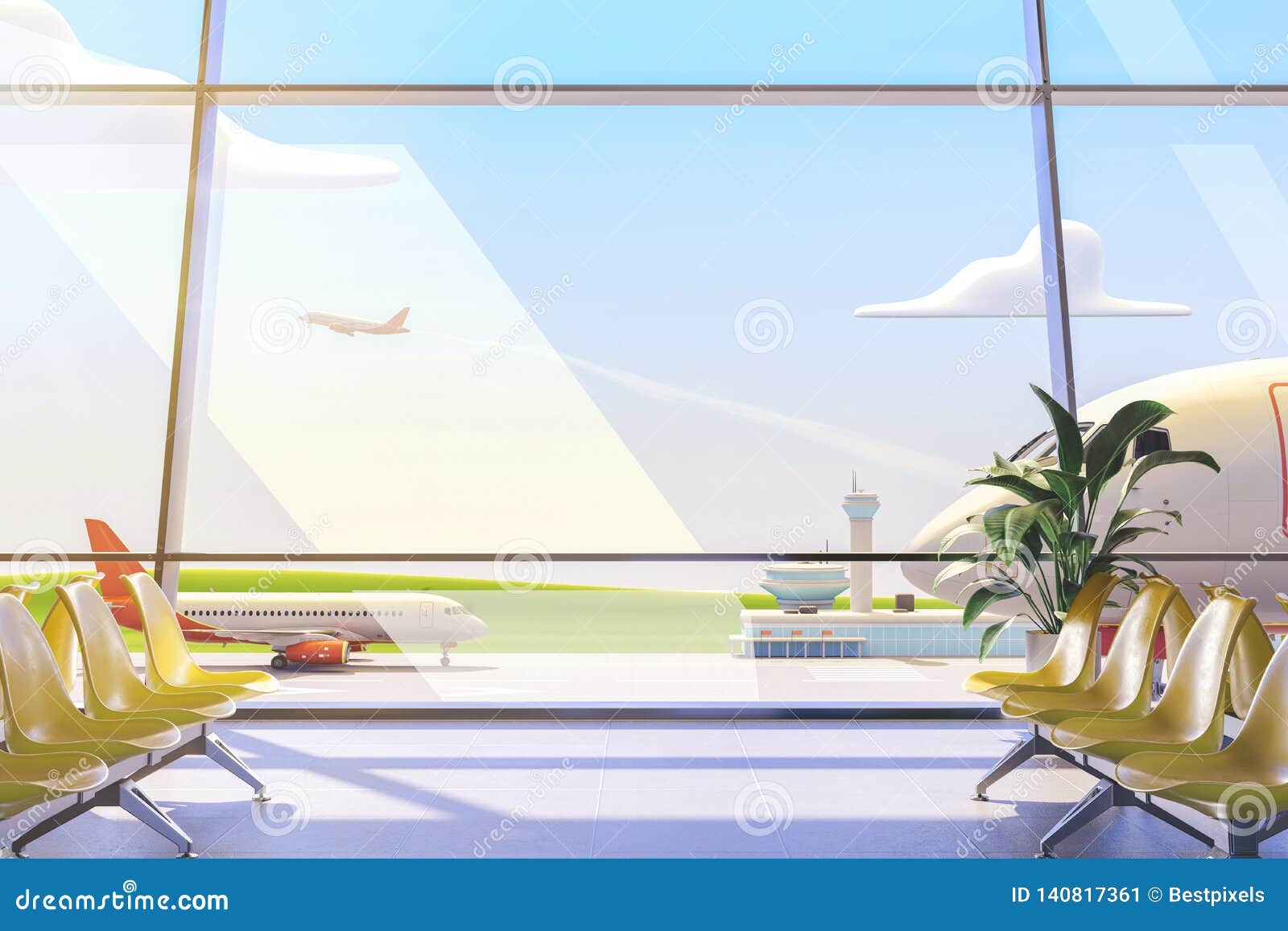 Cartoon Airport Terminal Lounge with Airplane on Background. 3d  Illustration. Stock Image - Image of hall, luggage: 140817361
