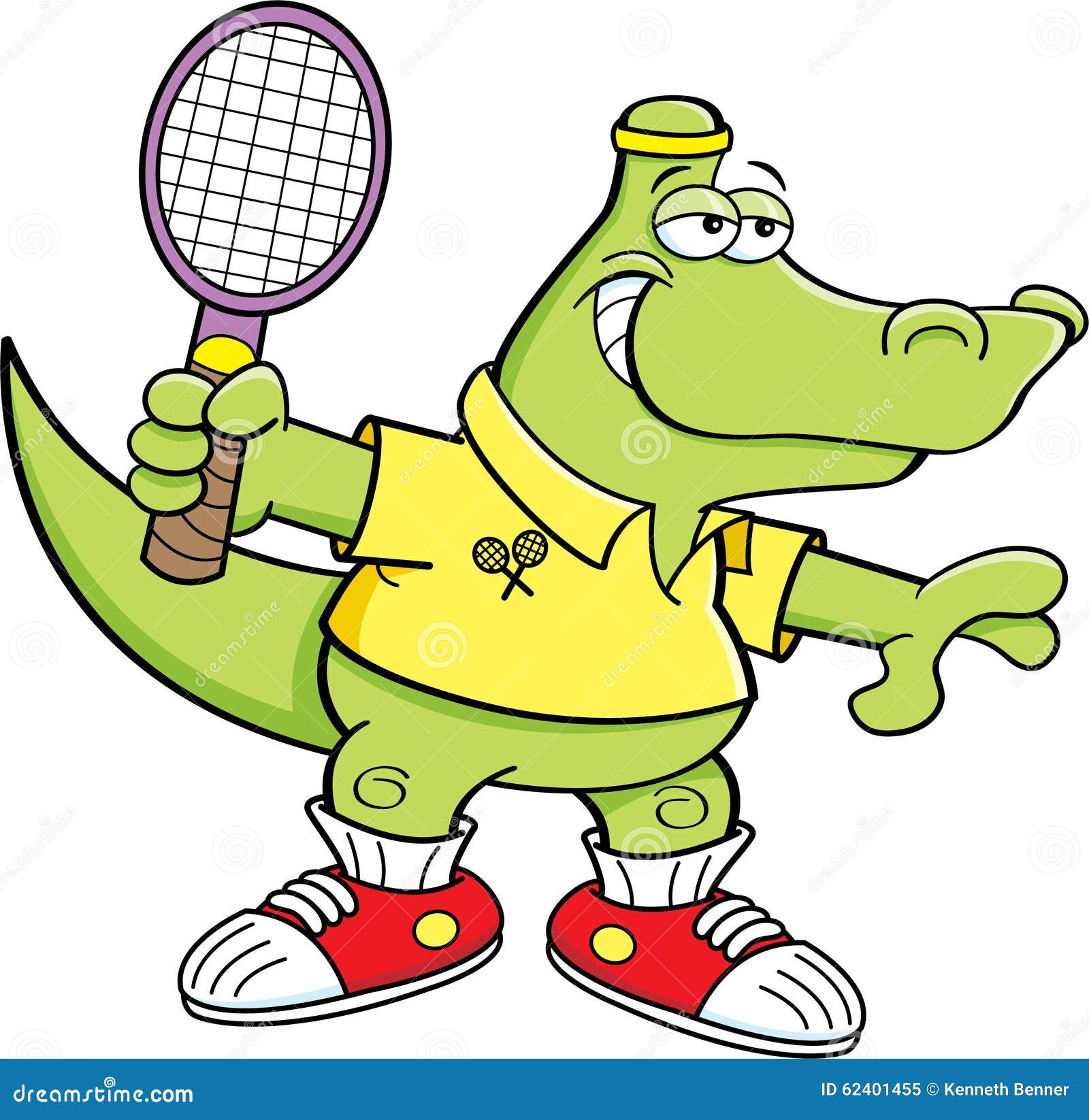 Cartoon Alligator Playing Tennis. Stock 