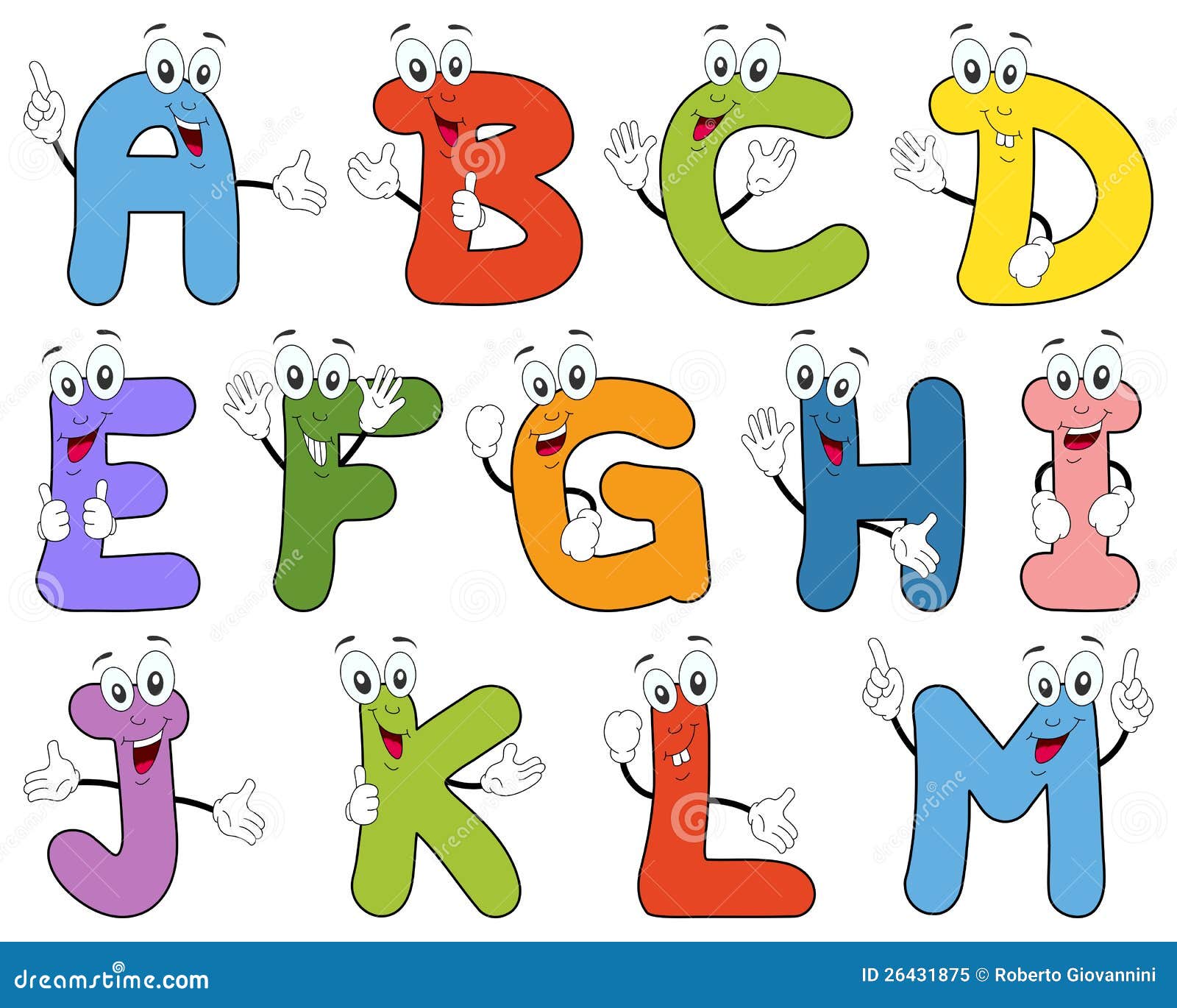 cartoon alphabet characters a-m