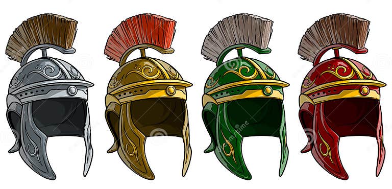 Cartoon Ancient Roman Soldier Helmet Vector Set Stock Vector