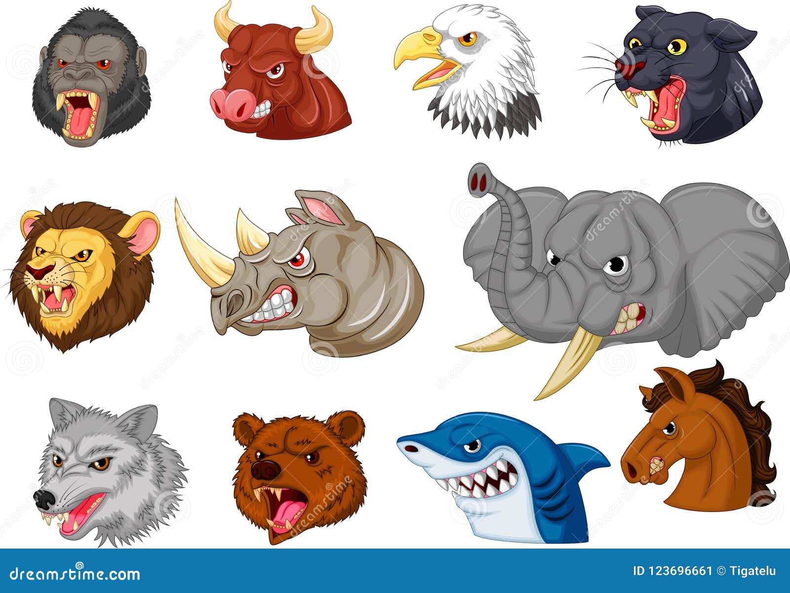 Cartoon Angry Animals Head Collection Set Stock Vector - Illustration of  eagle, icon: 123696661