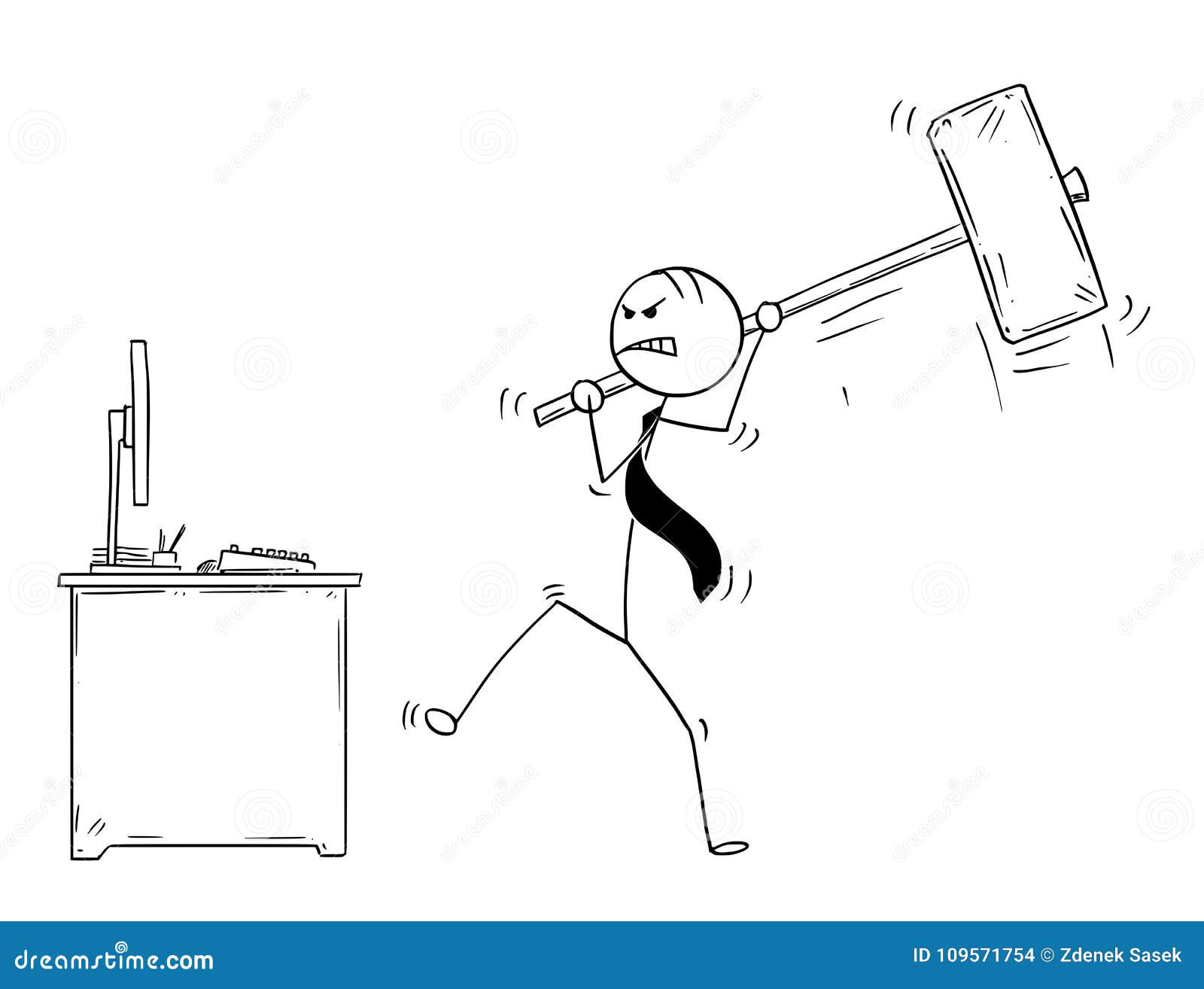 cartoon of angry businessman ready to destroy office computer by large sledgehammer or hammer