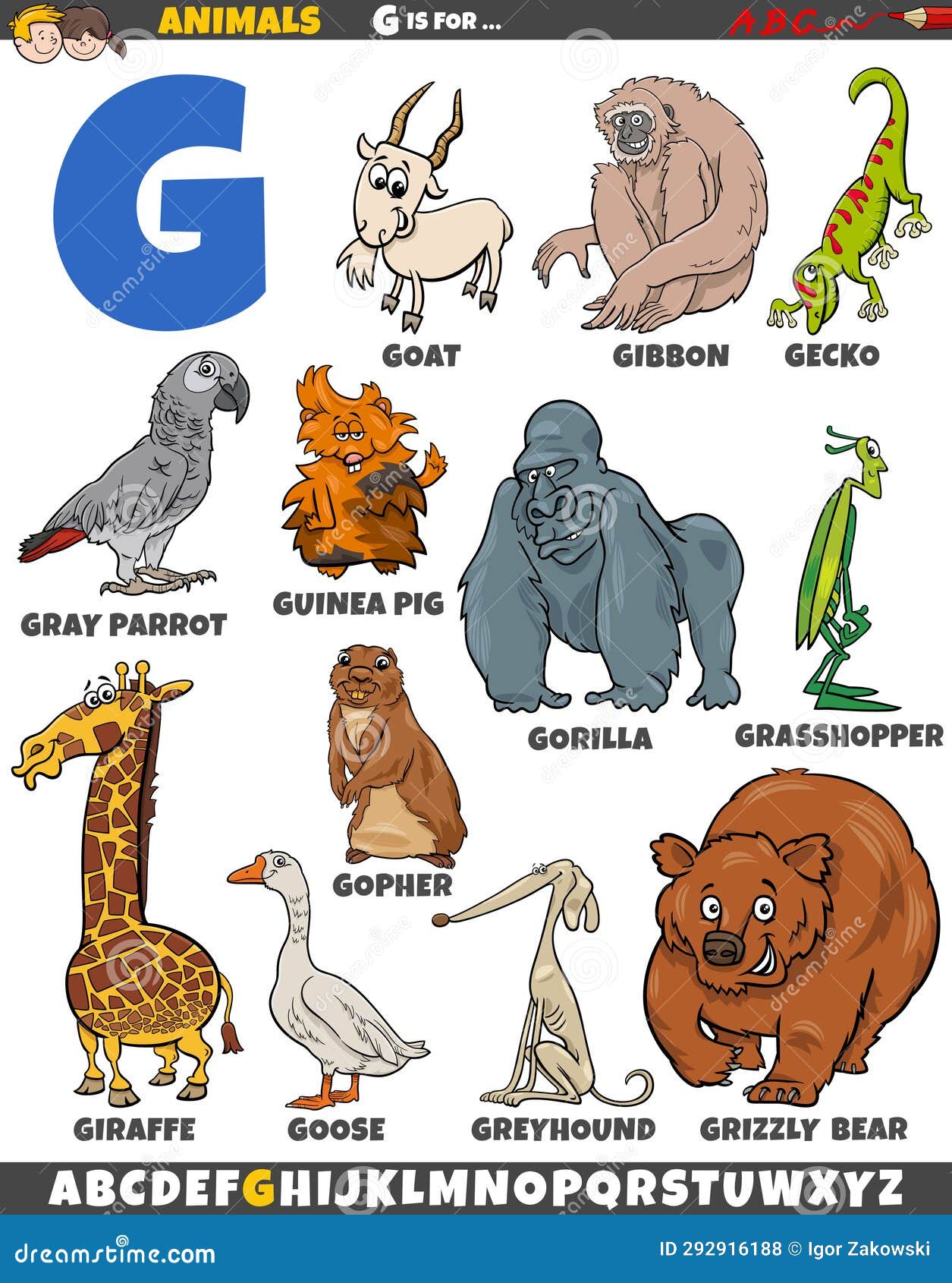 Cartoon Animal Characters for Letter G Educational Set Stock ...