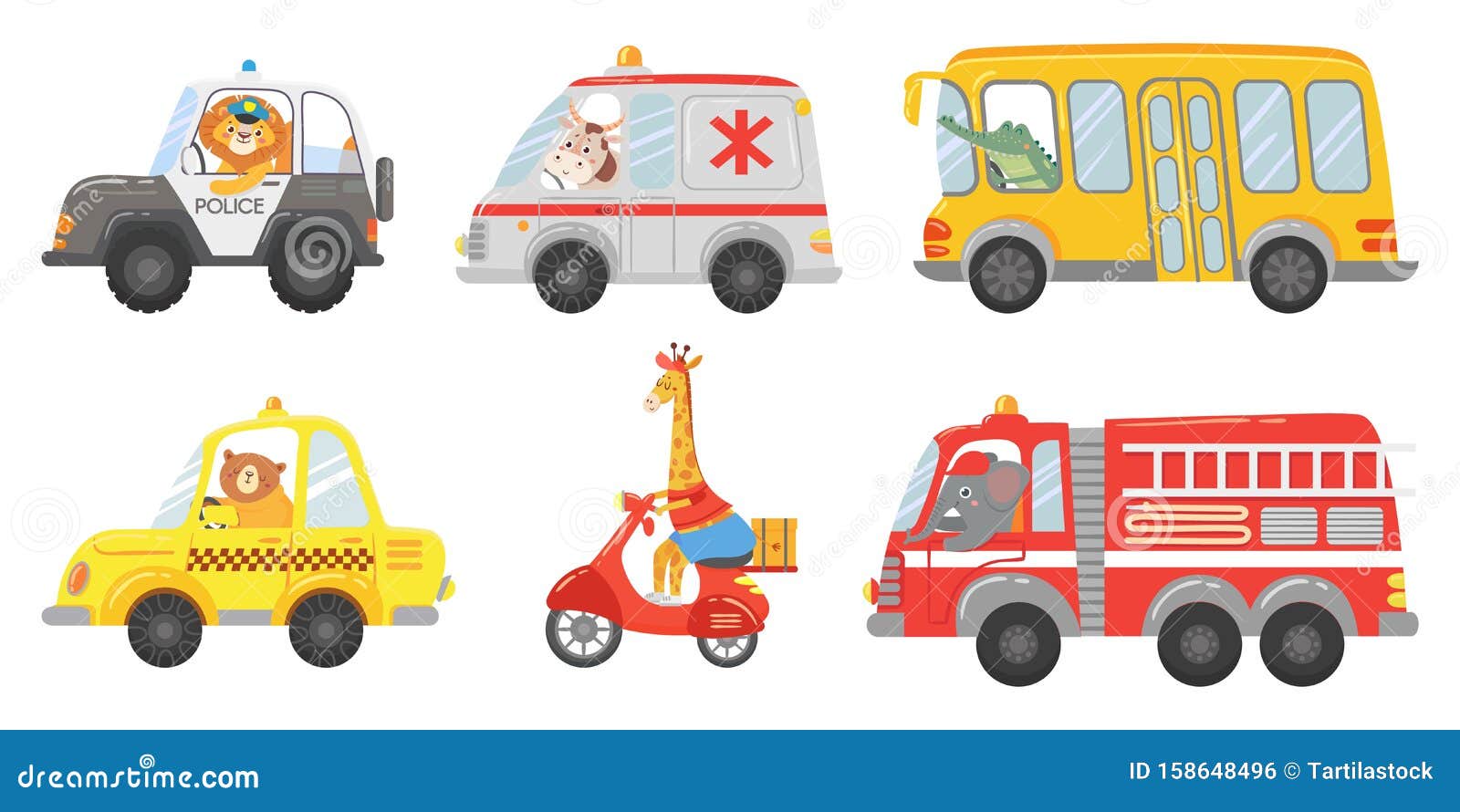 Cartoon Animal Driver. Animals in Emergency Ambulance, Firetruck and Police  Car Stock Vector - Illustration of motorcycle, fire: 158648496