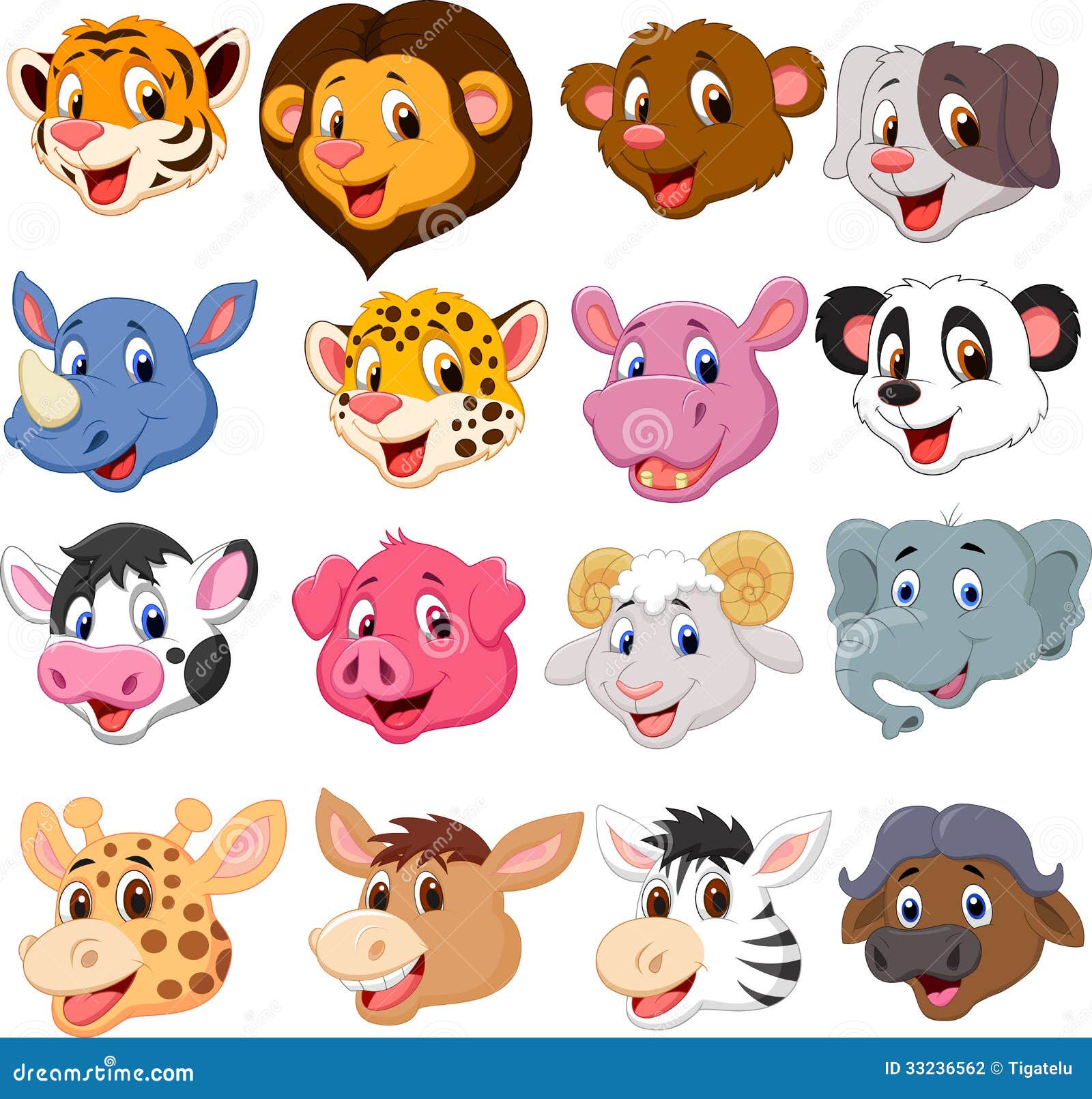 Cartoon Animal Head Collection Set Stock Vector - Illustration of doodle,  character: 33236562