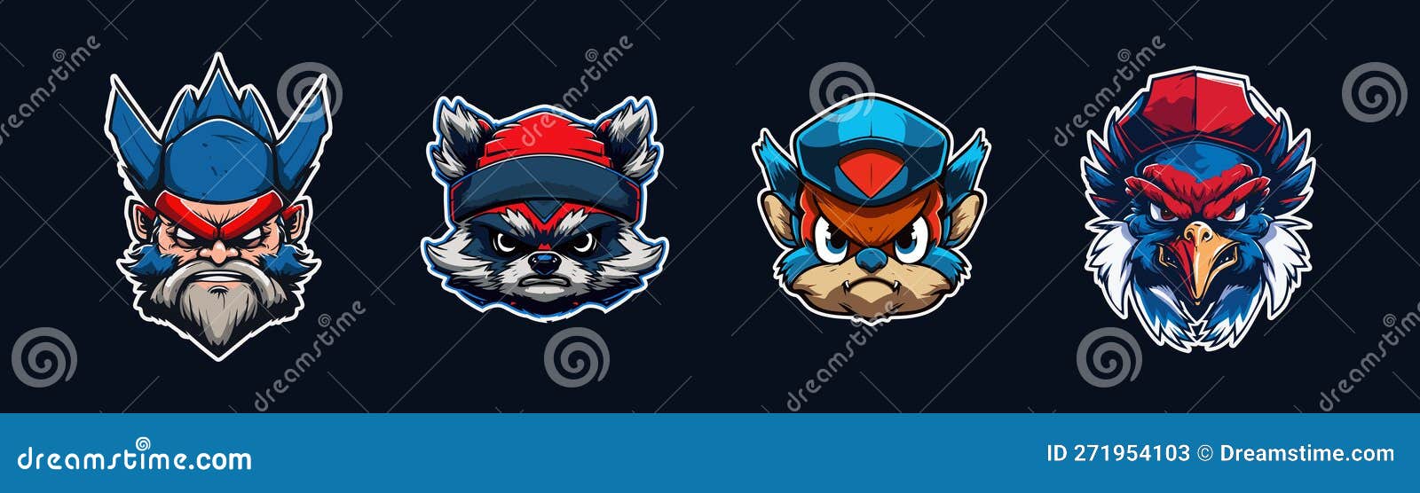 cartoon animal head, red and blue sport logo collection with white outlined. angry face of seahawk, raccon, maverick and