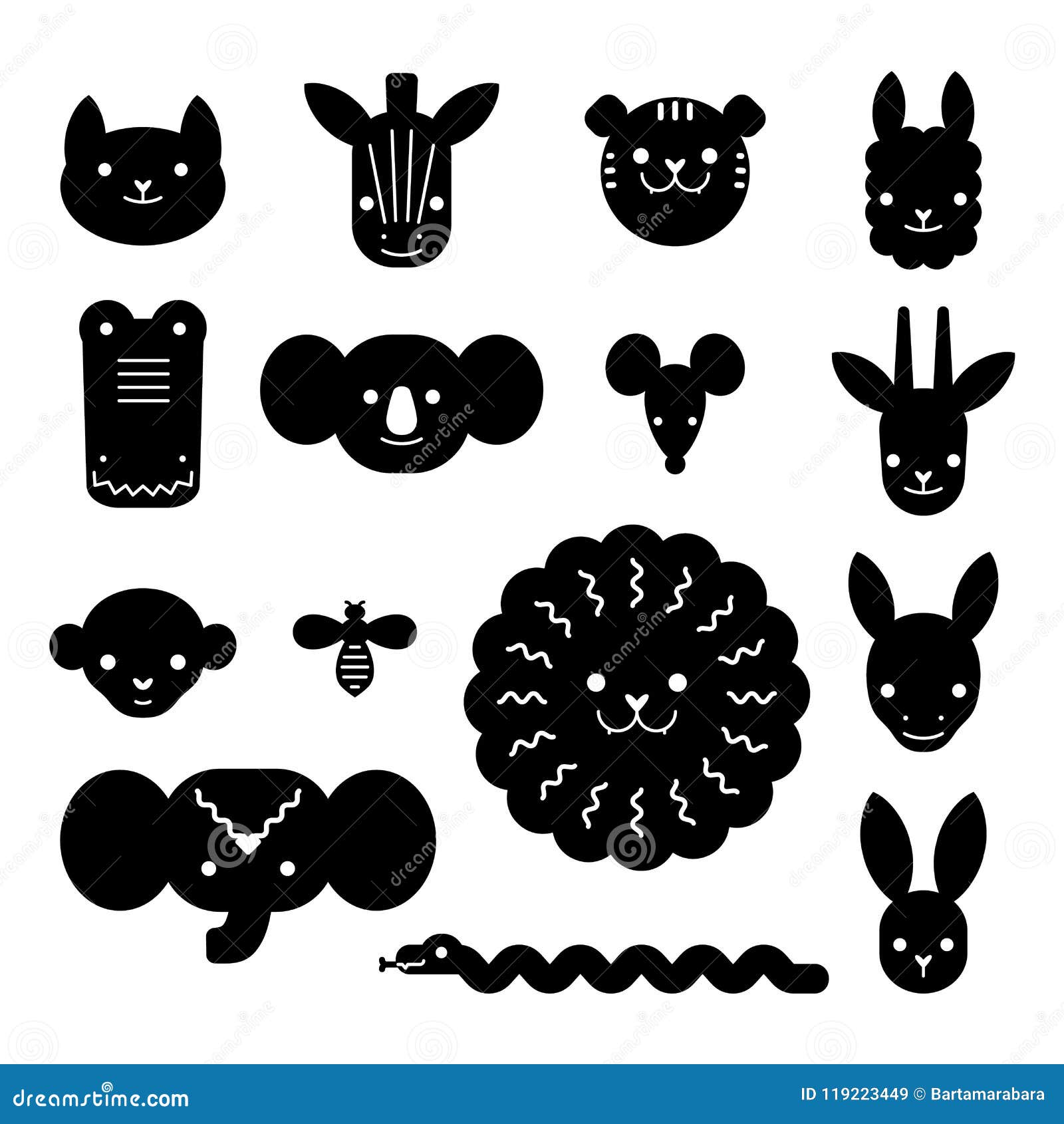 Cartoon Animal Heads Bundle. Modern Concept of Flat Design for Kids Cards,  Banners and Invitations, Stencil Path for Stock Vector - Illustration of  cartoon, mold: 119223449