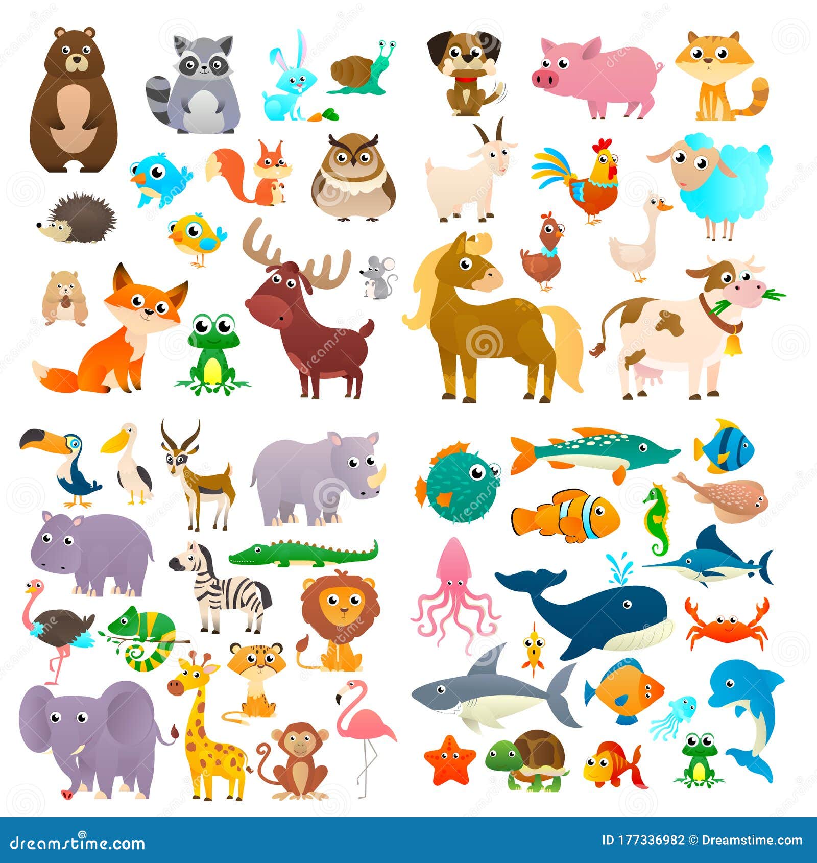Sea Animals, Wild Animals, Woodland Animals. Stock Vector - Illustration of  children, mascot: 177336982