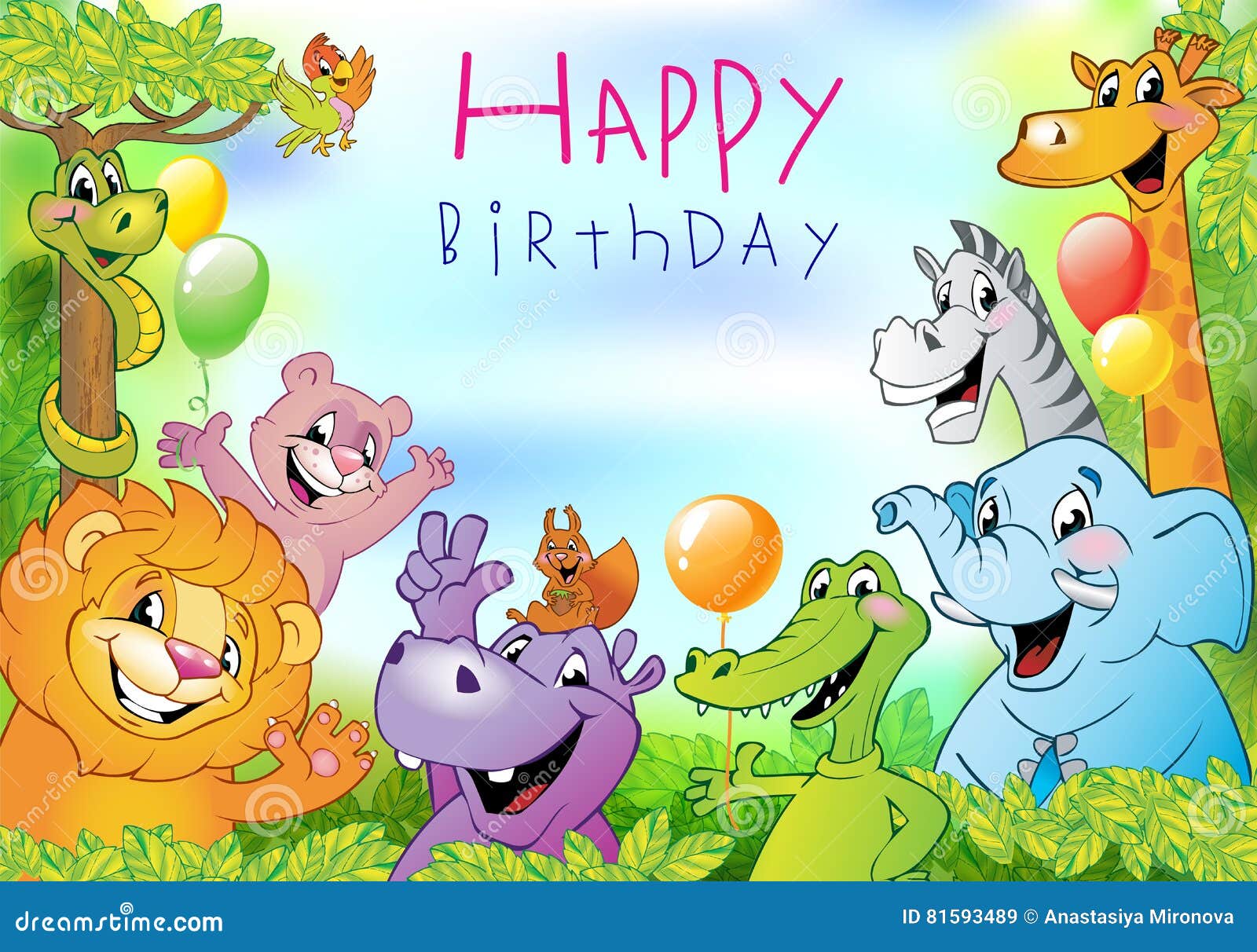 Cartoon Animals, Birthday Greeting Card Stock Vector - Illustration of  border, lion: 81593489