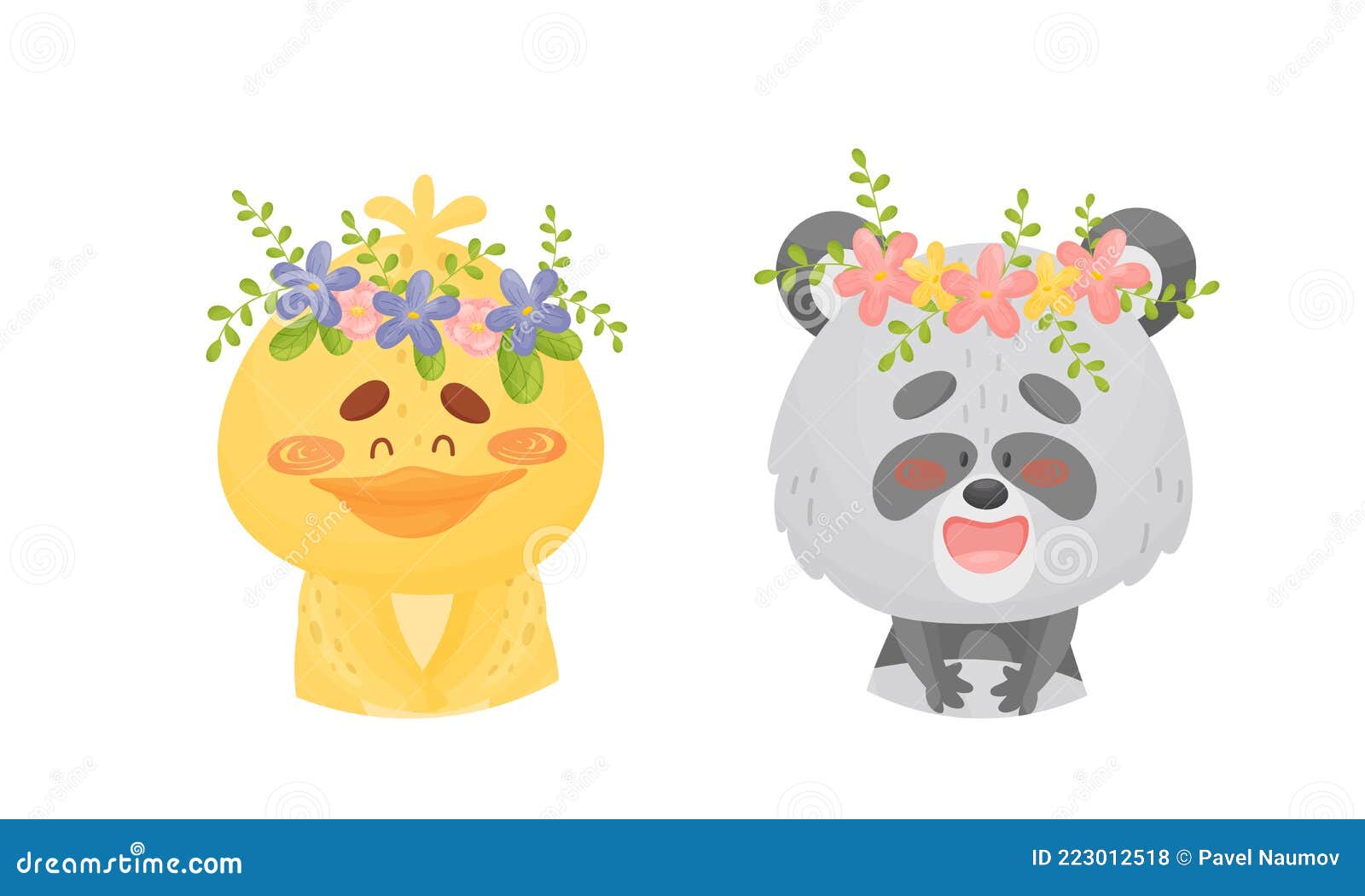 Cartoon Animals with Flower Decoration on Their Heads Vector Set Stock ...