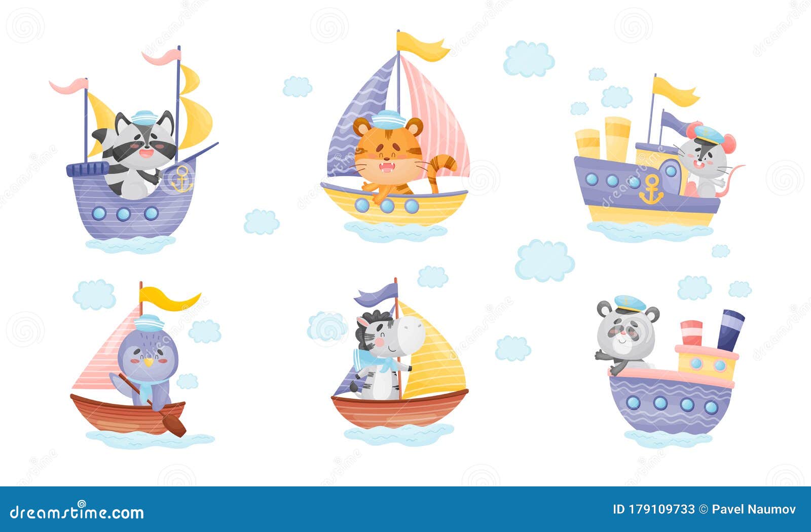 cartoon animals in sailor hats boating and sailing  set