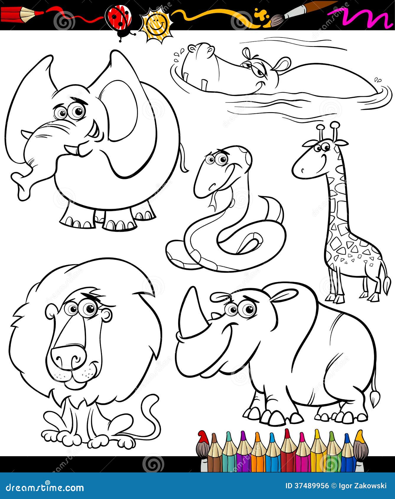 Cartoon Animals Set For Coloring Book Stock Vector