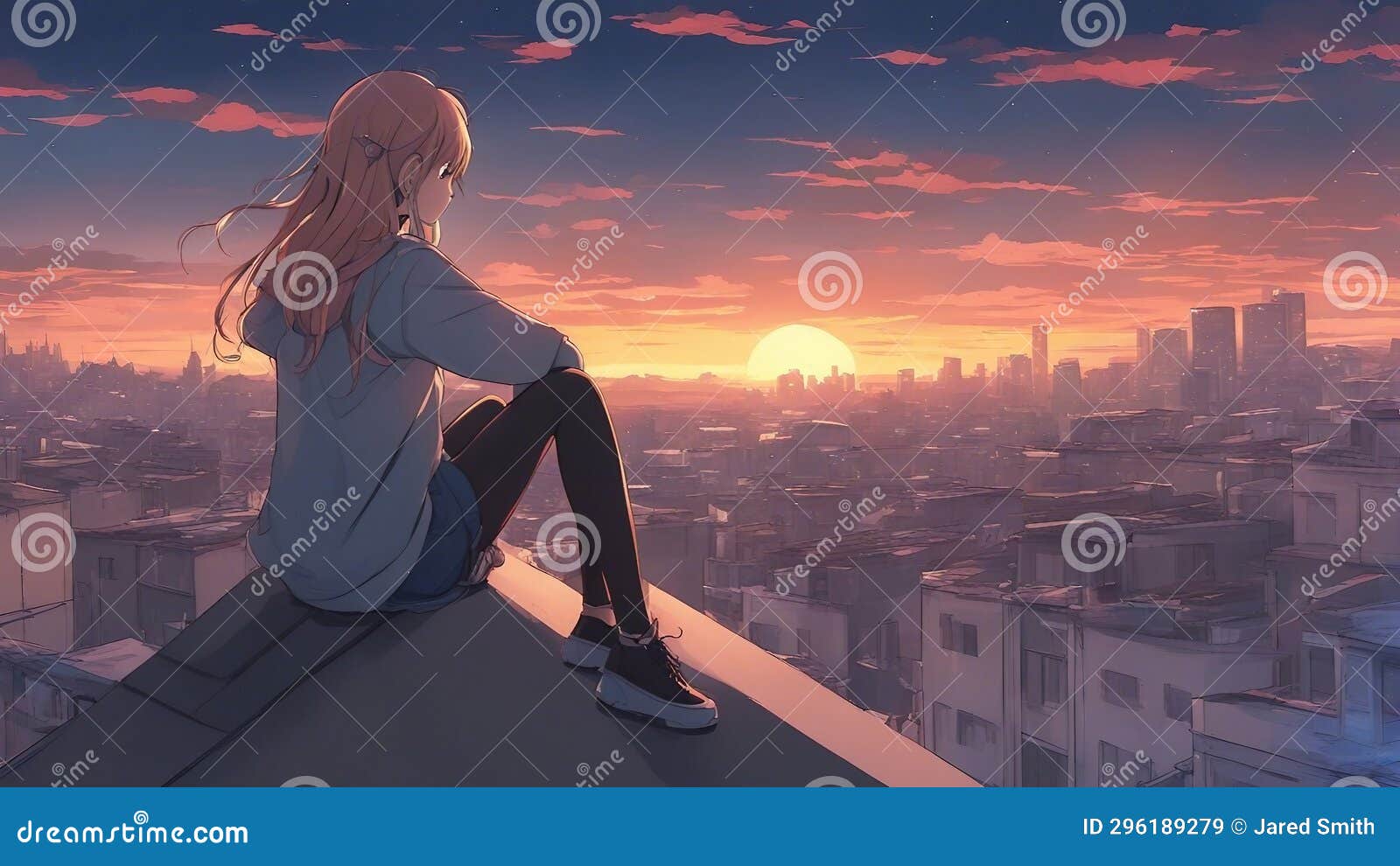 feeling free and flying, anime girl flying over a city, peaceful manga  artwork, generative ai technology Stock Illustration