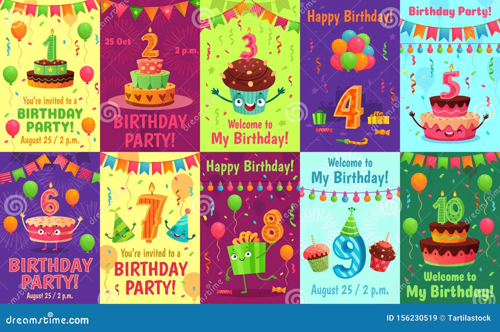 Cartoon Anniversary Greeting Card. Birthday Numbers, Celebration Invitation  and Party Cake Number Candles Poster Vector Stock Vector - Illustration of  celebration, packaging: 156230519