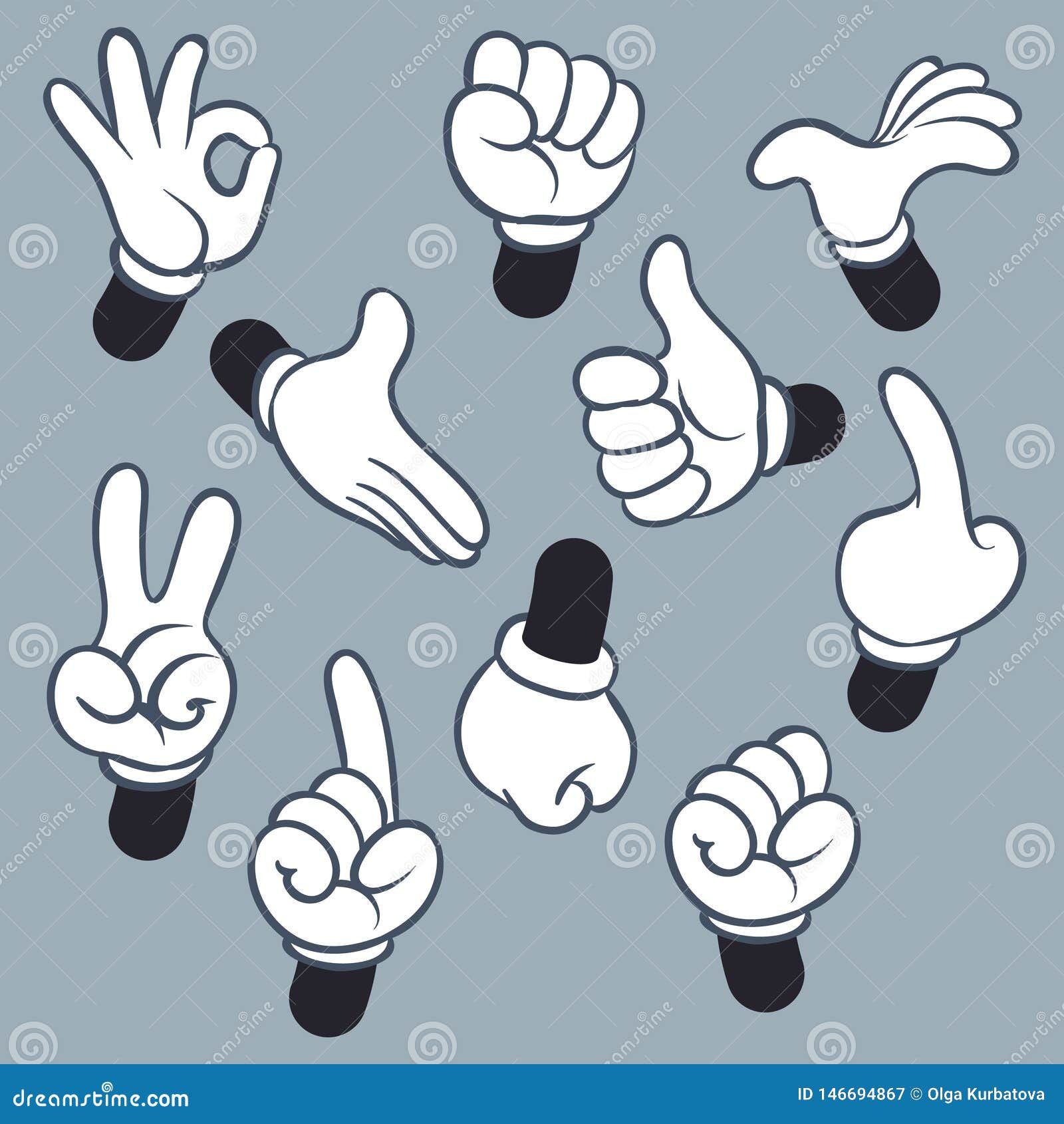 cartoon arms. various hands with different gesture, doodle gloved pointing hands, human point arm. vintage 
