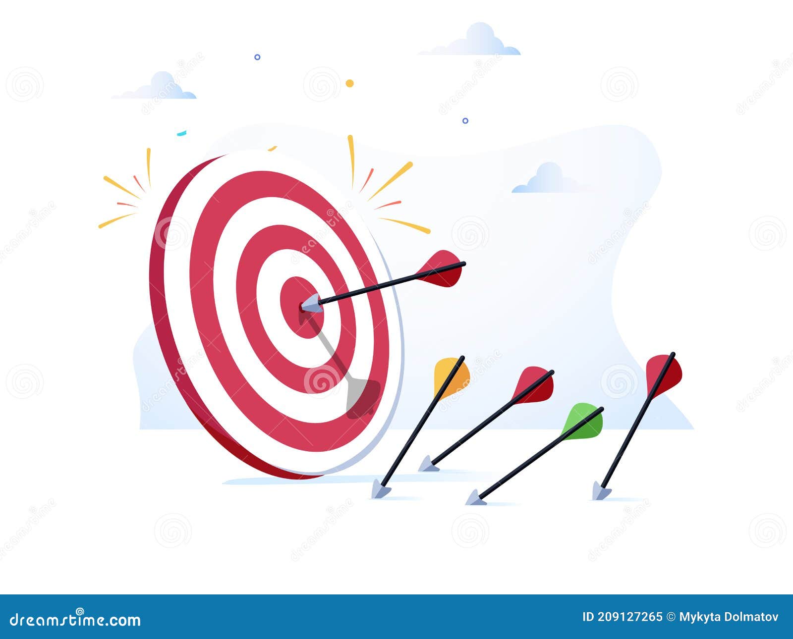 cartoon arrows missed hitting target mark  on white background. multiple fail inaccurate attempt hit archery
