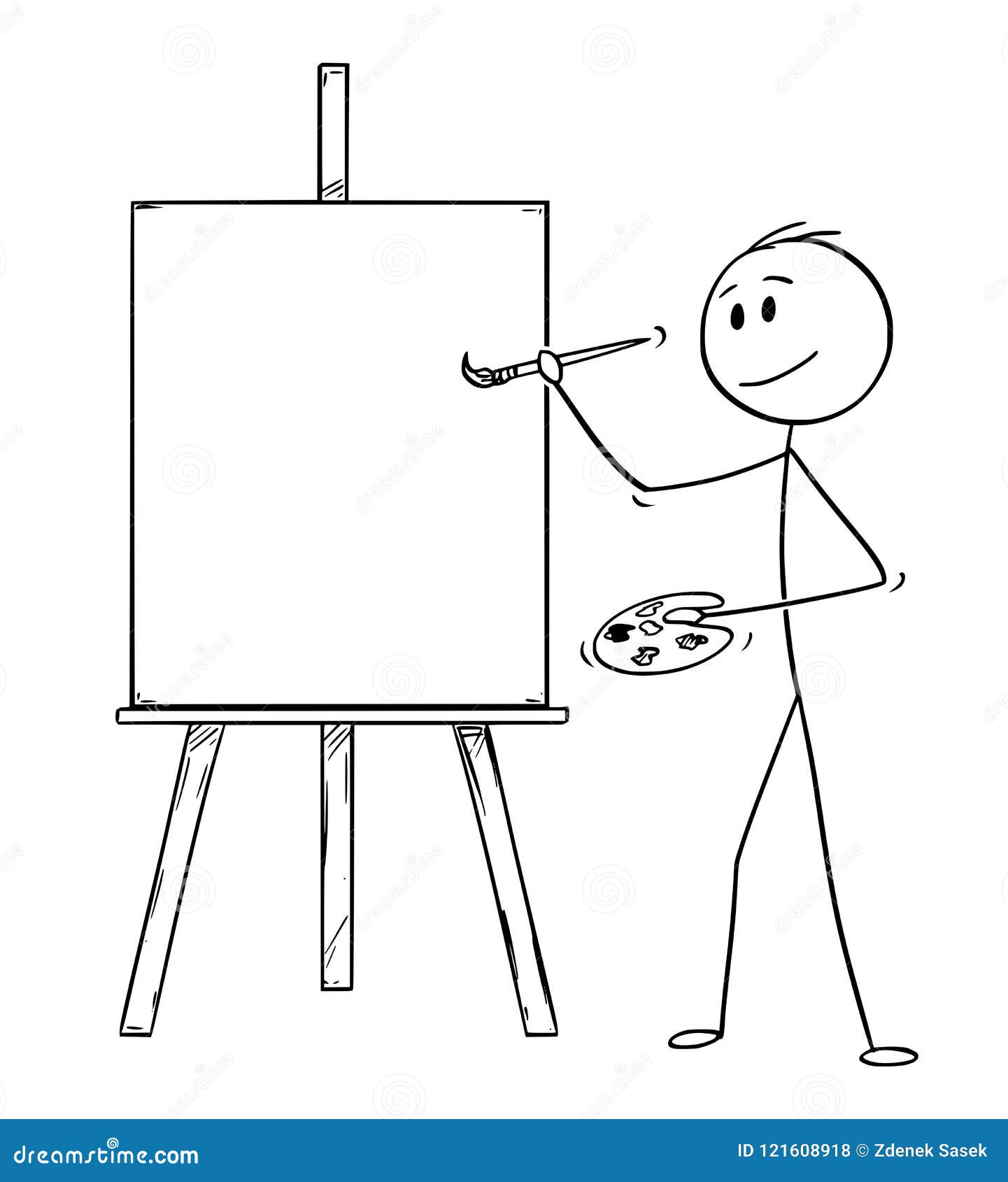 Cartoon of Artist with Brush and Palette Ready To Paint on the Canvas on  Easel Stock Vector - Illustration of sign, studio: 121608918