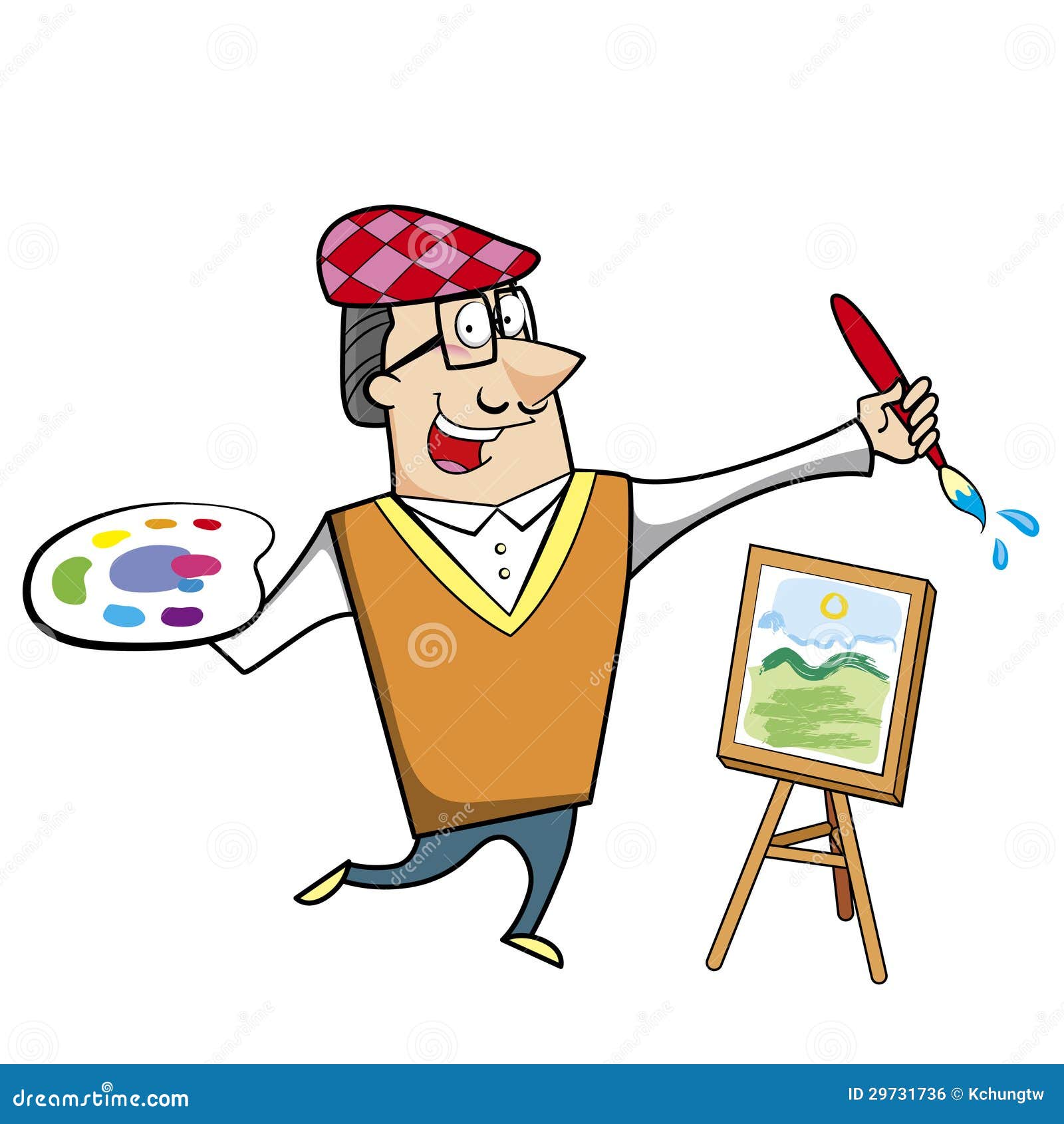 Cartoon Artist With Paintbrush And Canvas Easel Stock Vector - Image