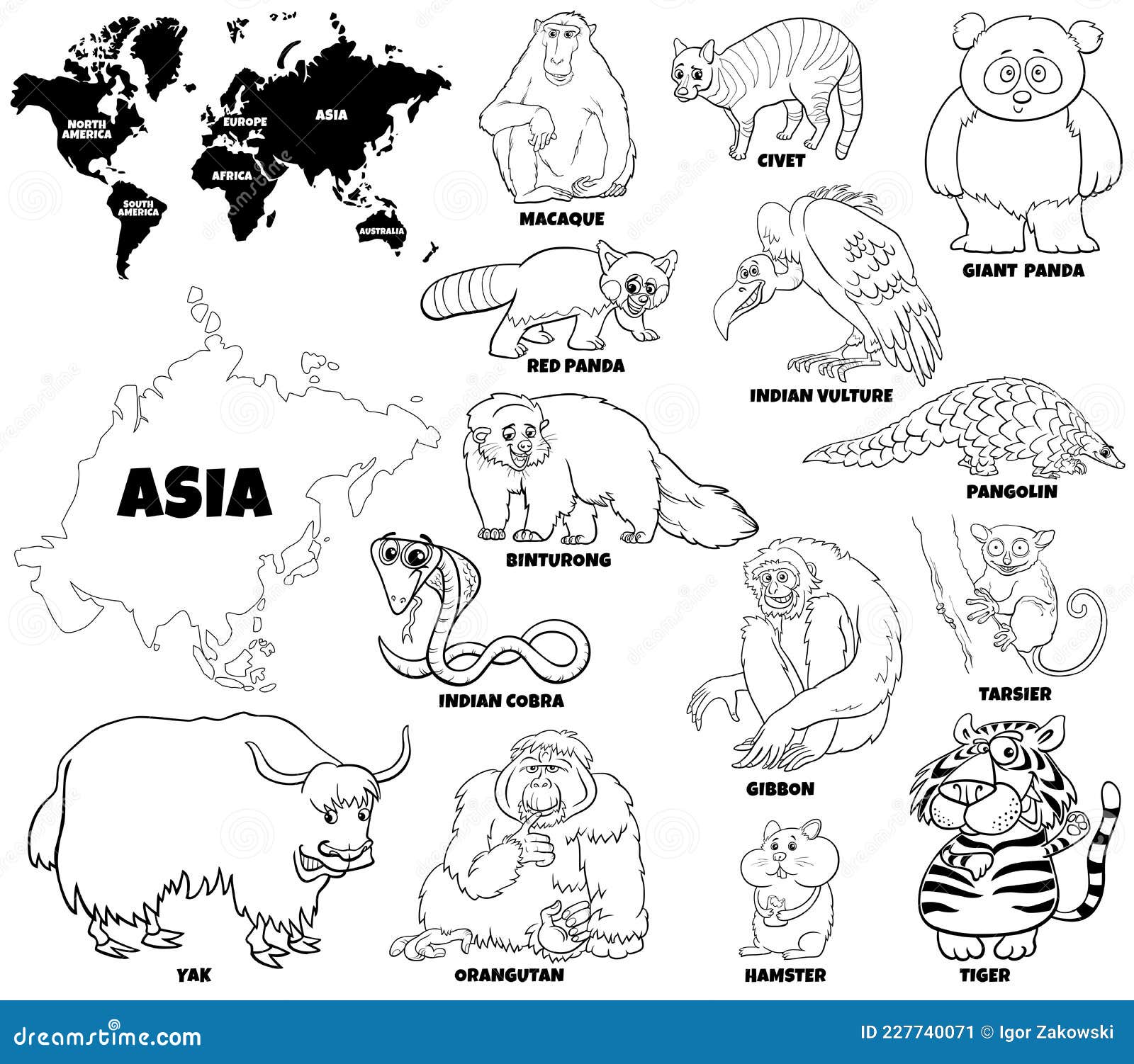 Cartoon Asian Animals Set Coloring Book Page Stock Vector ...
