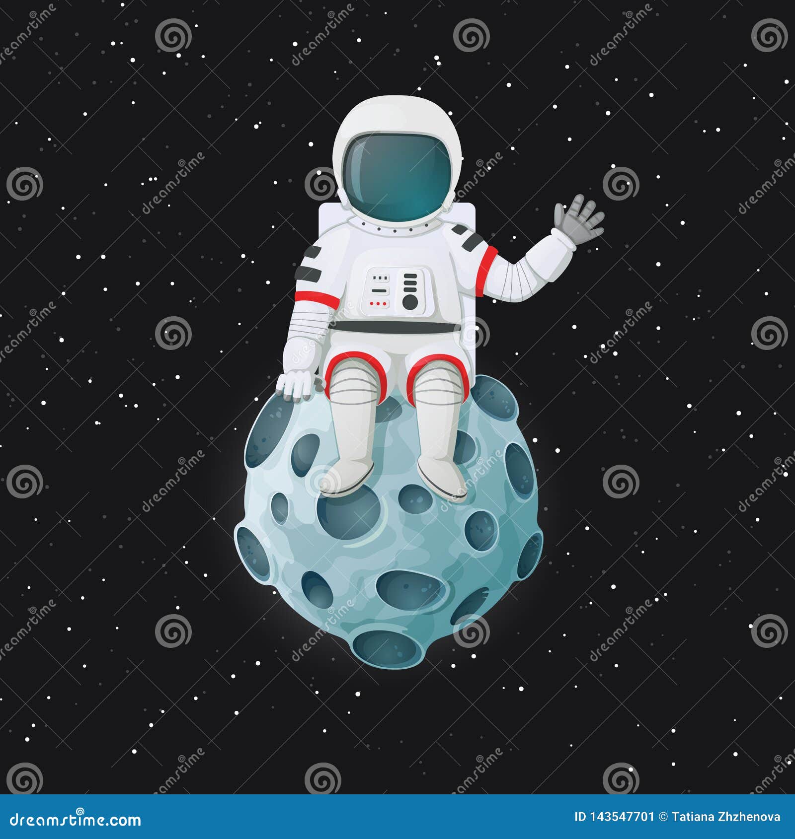 Cartoon Astronaut Sitting on the Moon Waving. Outer Space and Stars in the  Background. Stock Vector - Illustration of future, earth: 143547701