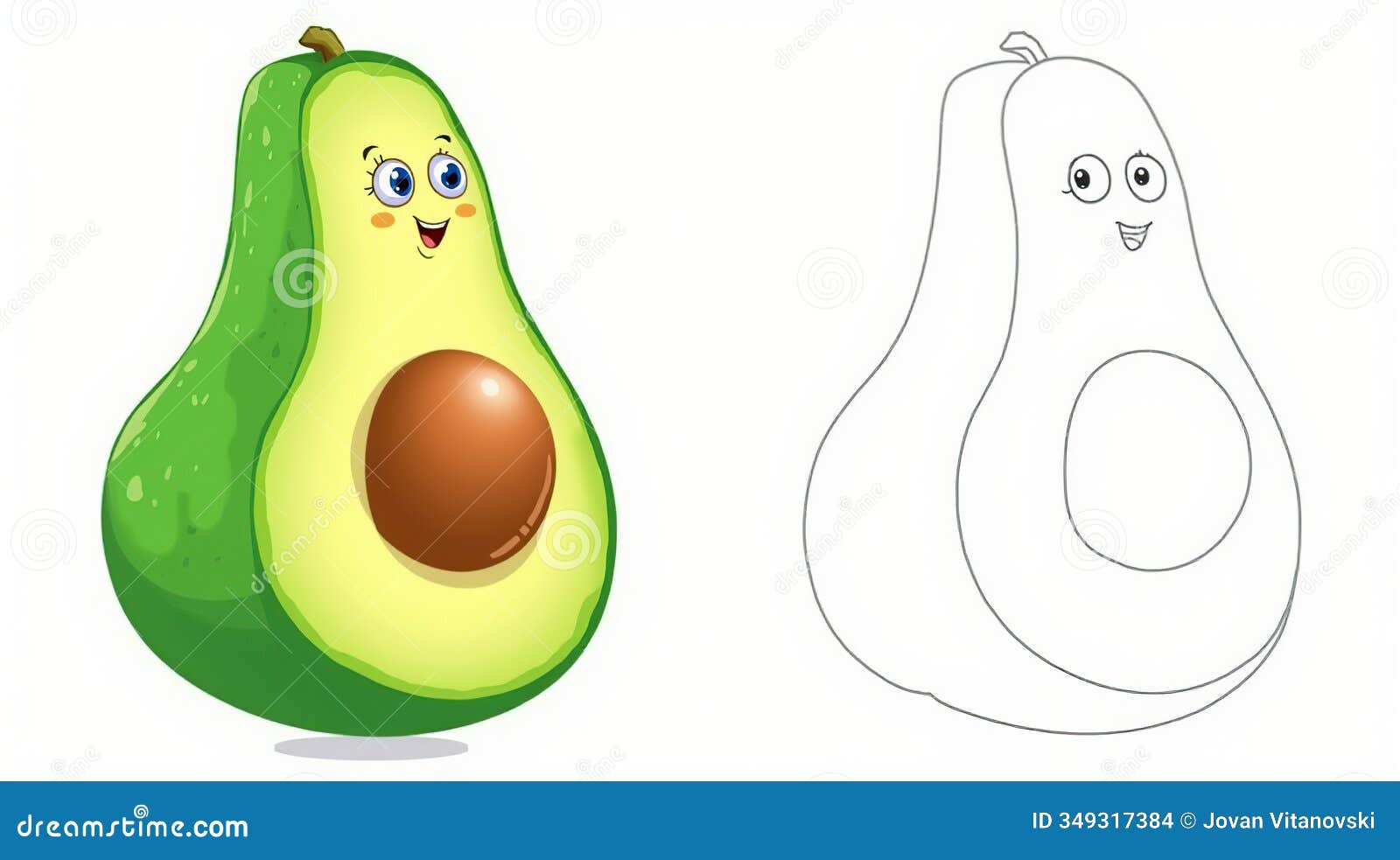 cartoon avocado character with colorful and outline versions