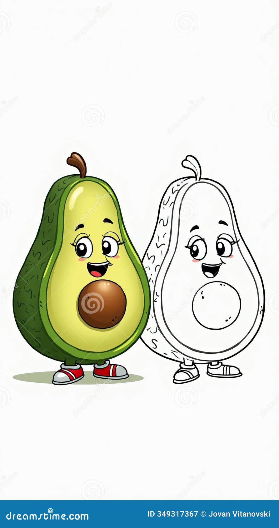 cartoon avocado characters in colorful and outline versions