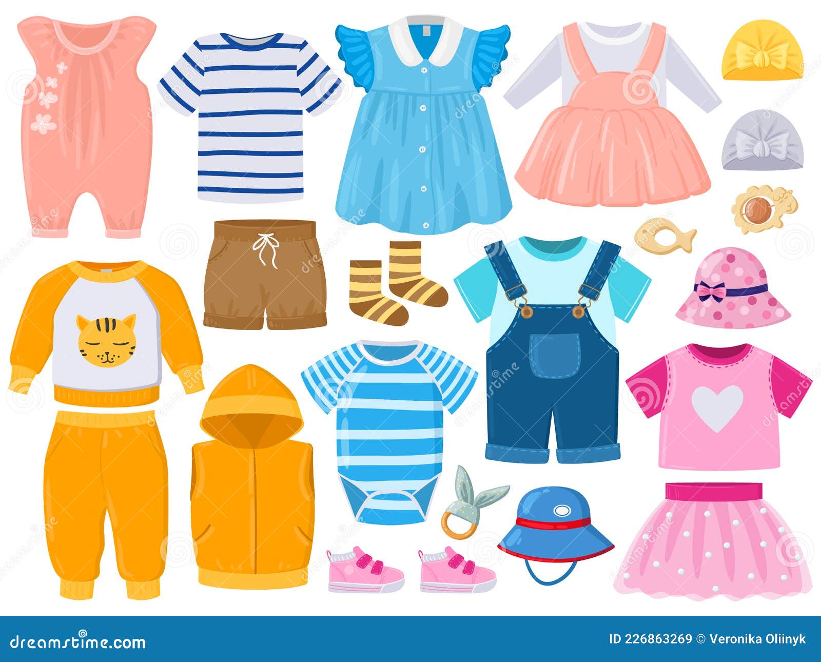 cartoon baby kids girl and boy clothes, hats, shoes. childrens fashion clothes, romper, shorts, dress and shoes 
