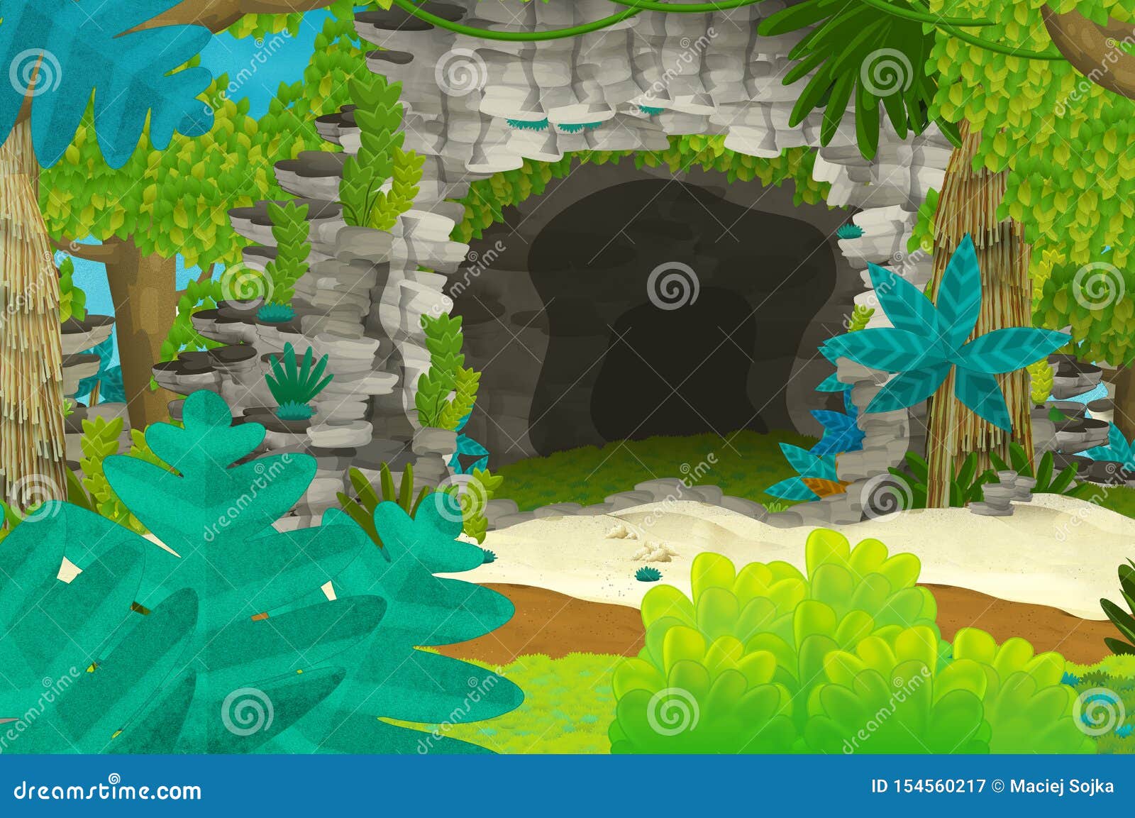 Cartoon Background with Cave in the Jungle Stock Illustration -  Illustration of island, jungle: 154560217