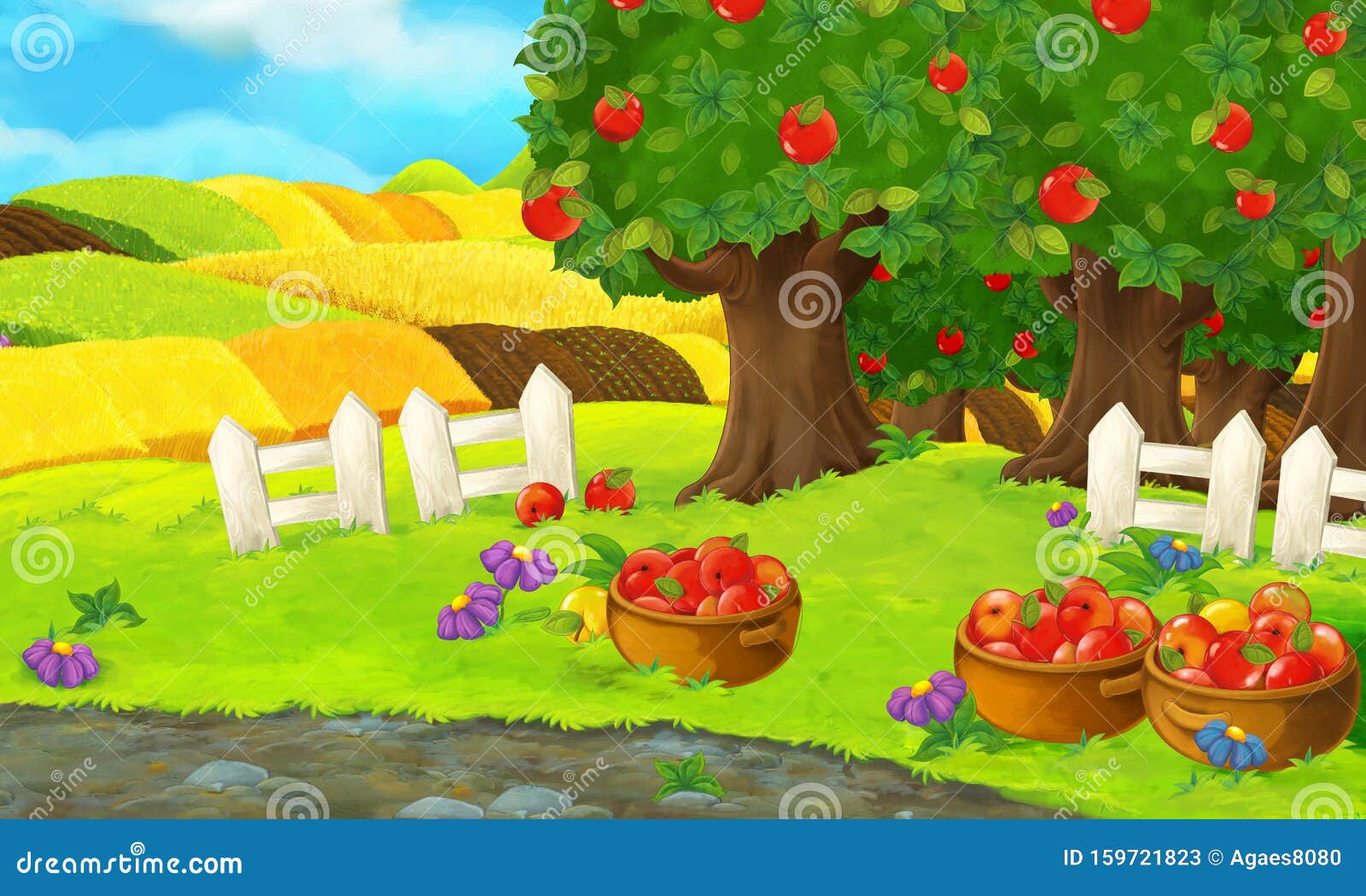 Cartoon Background of a Farm with Fields and Apple Trees Stock Illustration  - Illustration of grass, anime: 159721823