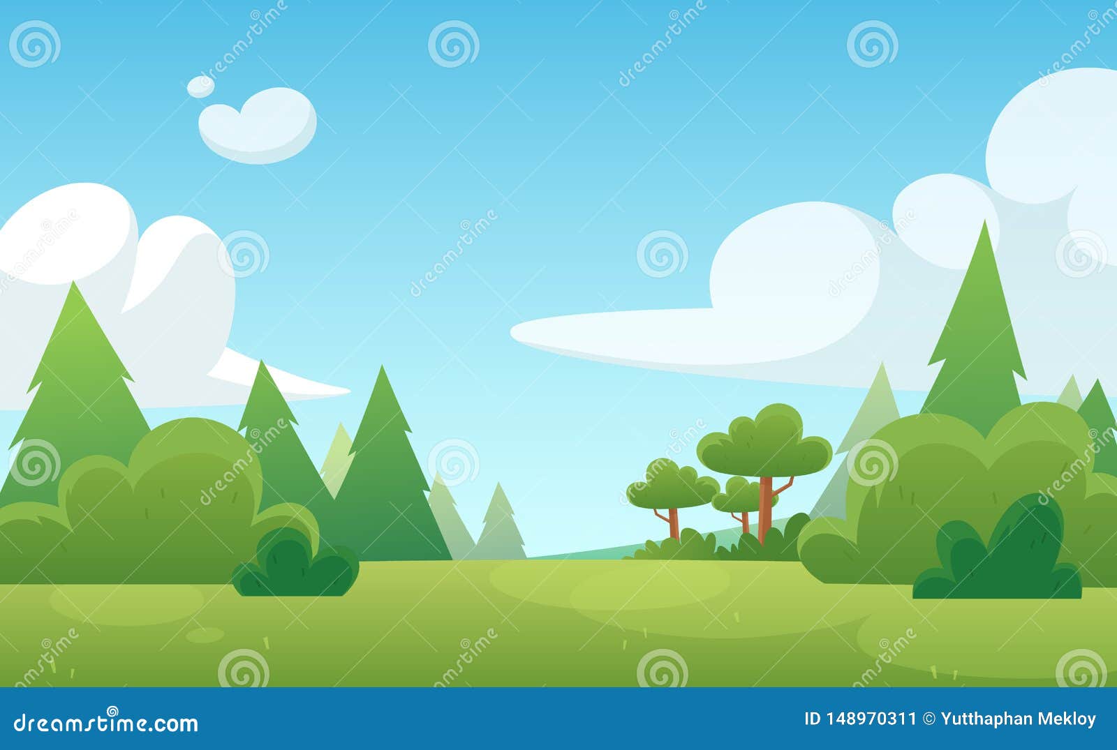 Cartoon Background for Game and Animation. Green Forest with Blue Sky and  Clouds. Landscape Stock Vector - Illustration of scene, summer: 148970311