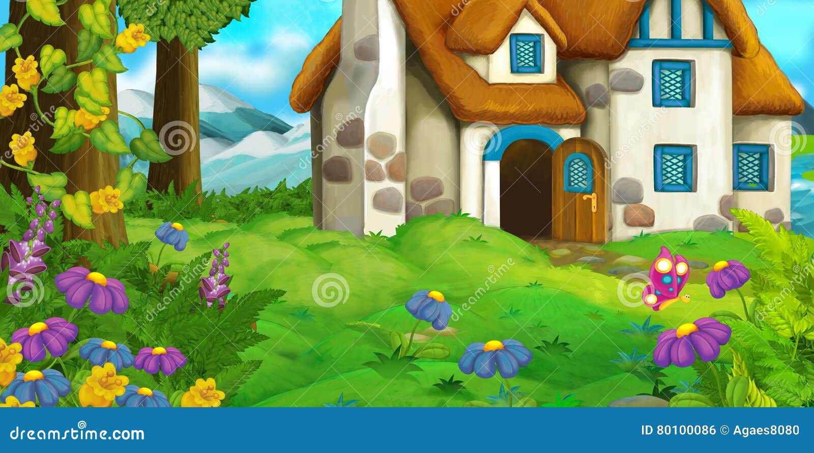 Cartoon Background of an Old House in the Meadow Stock Illustration -  Illustration of anime, kawaii: 80100086