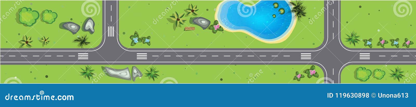 cartoon background with road,pond and roadsides. view above.