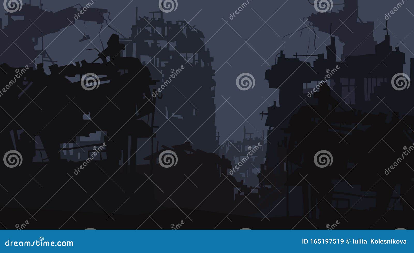 cartoon background of the ruins of the city of post apocalypse
