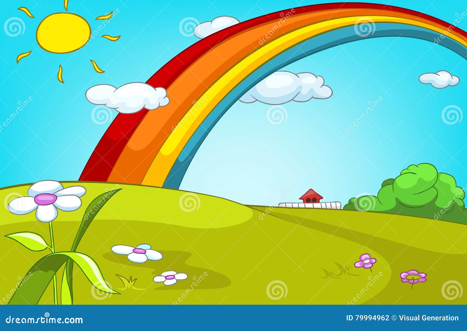 Cartoon Background of Summer Glade with Rainbow. Stock Illustration -  Illustration of rural, outdoor: 79994962